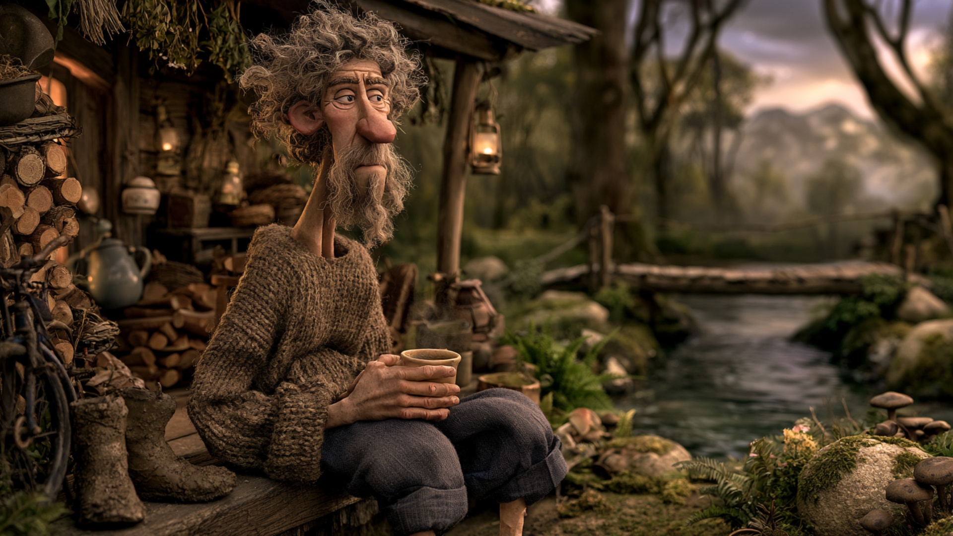 The man stays seated on the cabin step holding the warm cup with both hands. He slowly raises the...