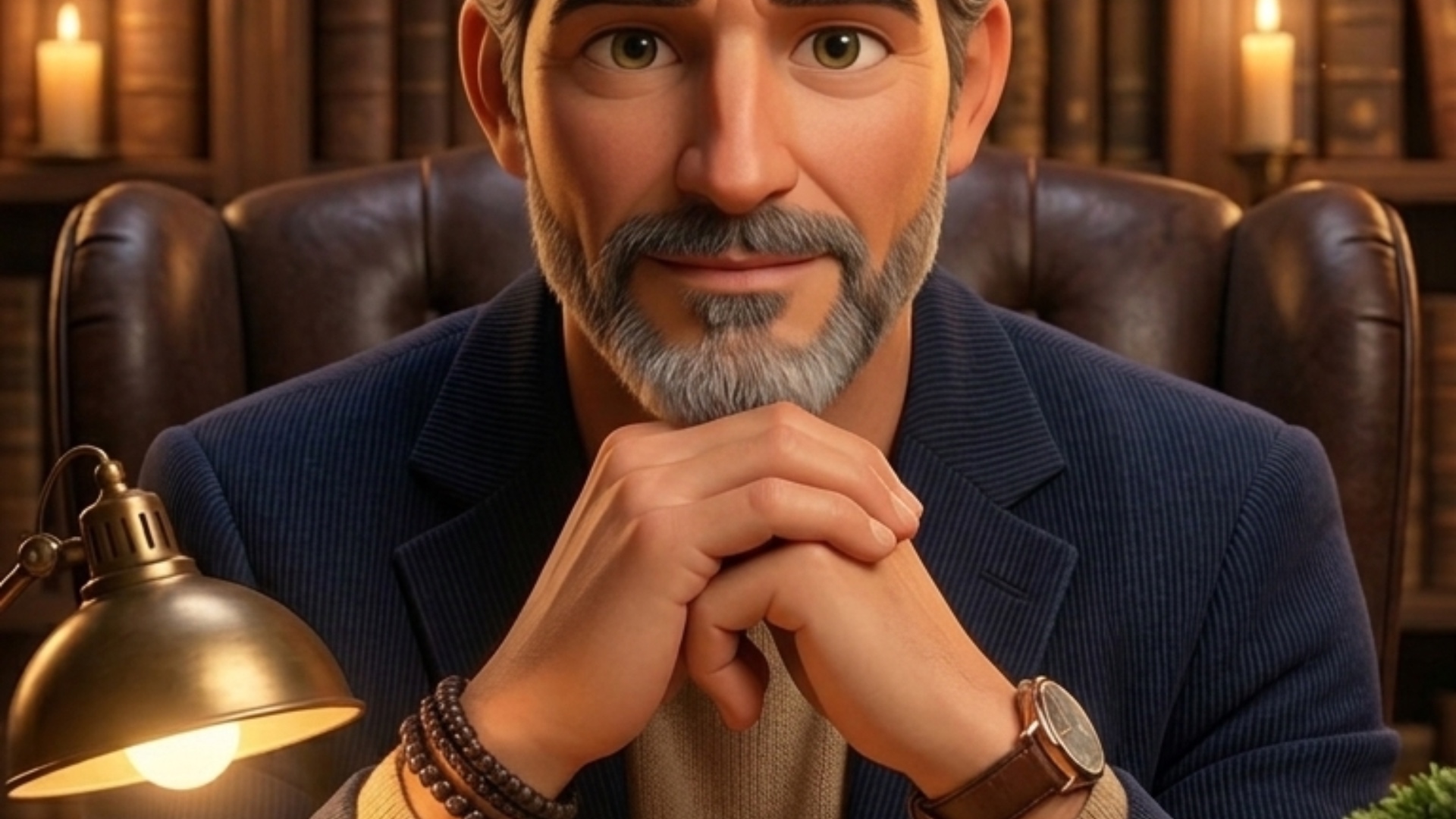 Strong rule: style --- 3D Pixar ---. Уютна, осветена от свещи антикварна библиотека с високи до т...