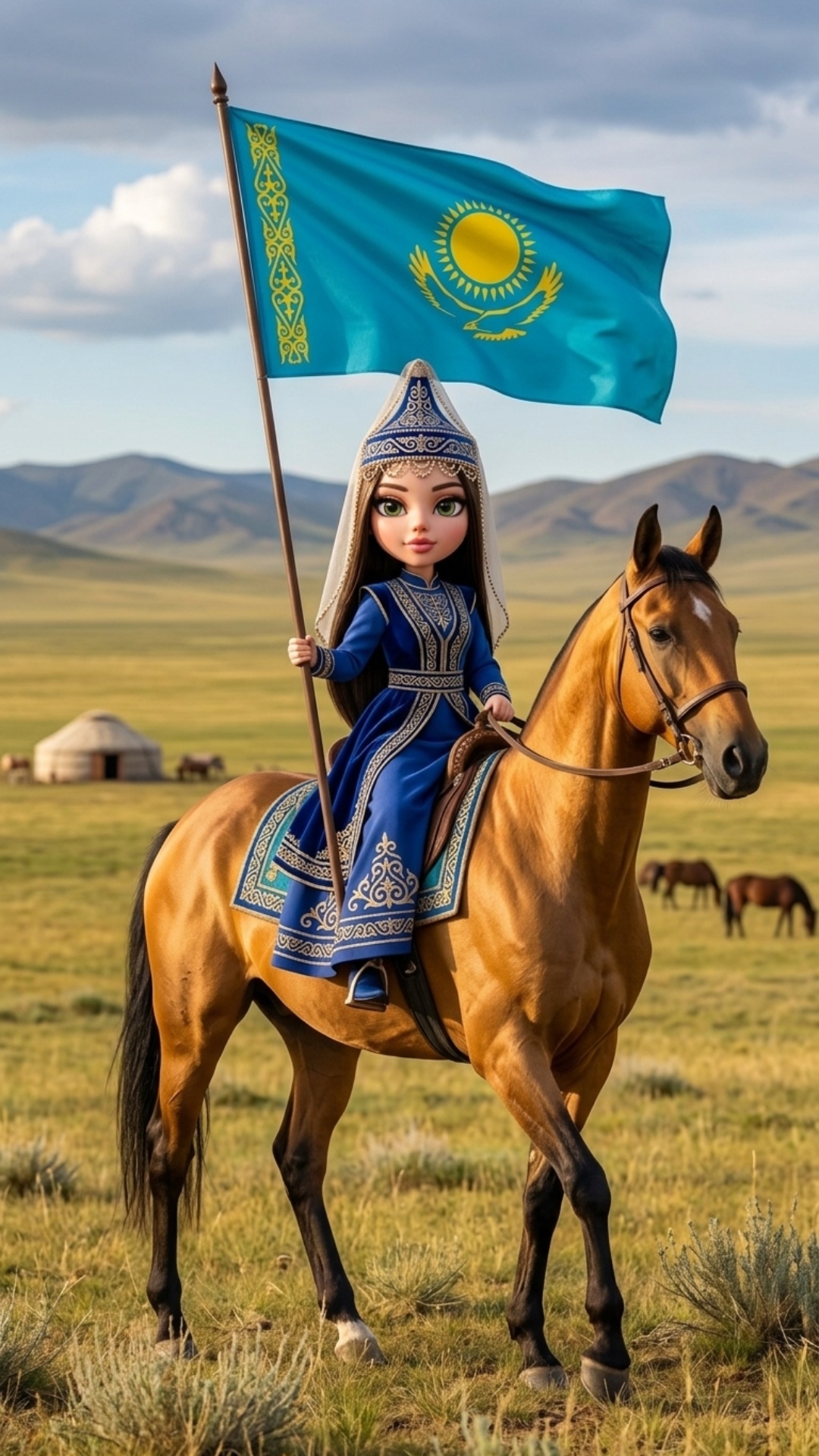 Using the provided reference image, keep the character's face, hairstyle, clothing, and doll appe...