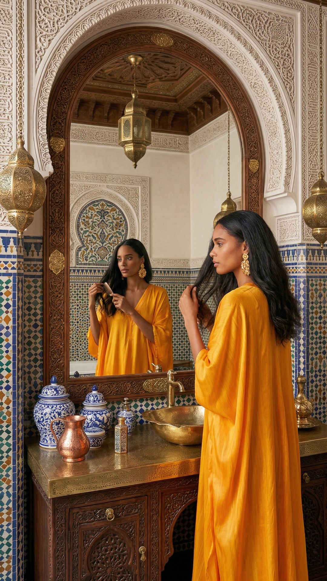 she brushes her hair in front of the mirror and washes her face