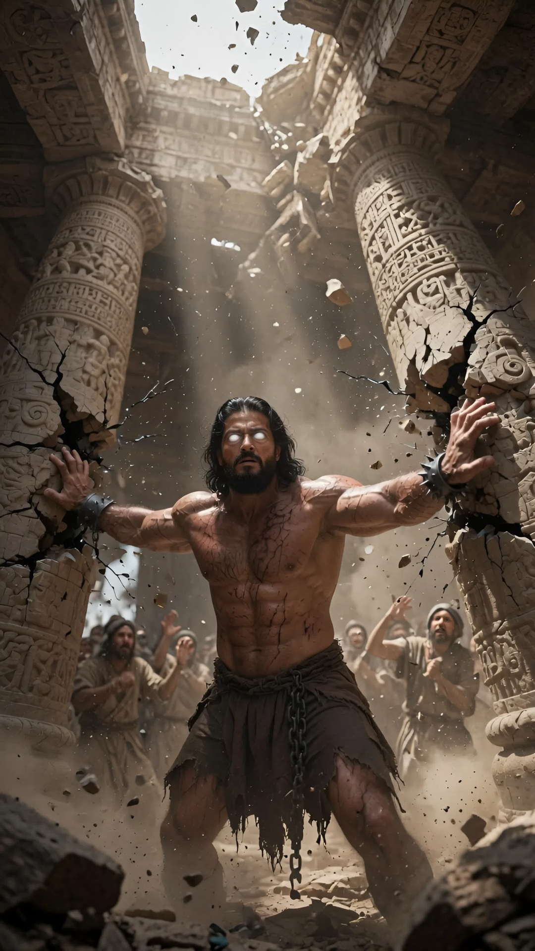 Same Samson from reference image. Identical face, identical long black wavy hair, identical beard...