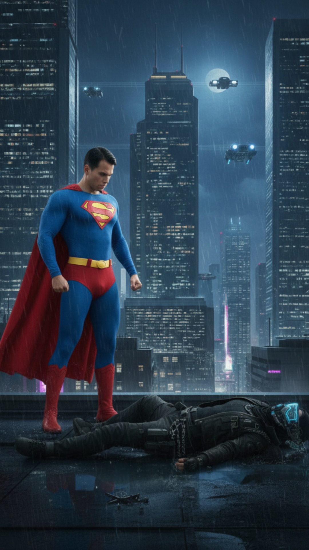 Subject: Superman  
Context: Di tengah medan pertempuran epik yang hancur  
Action: Superman melu...