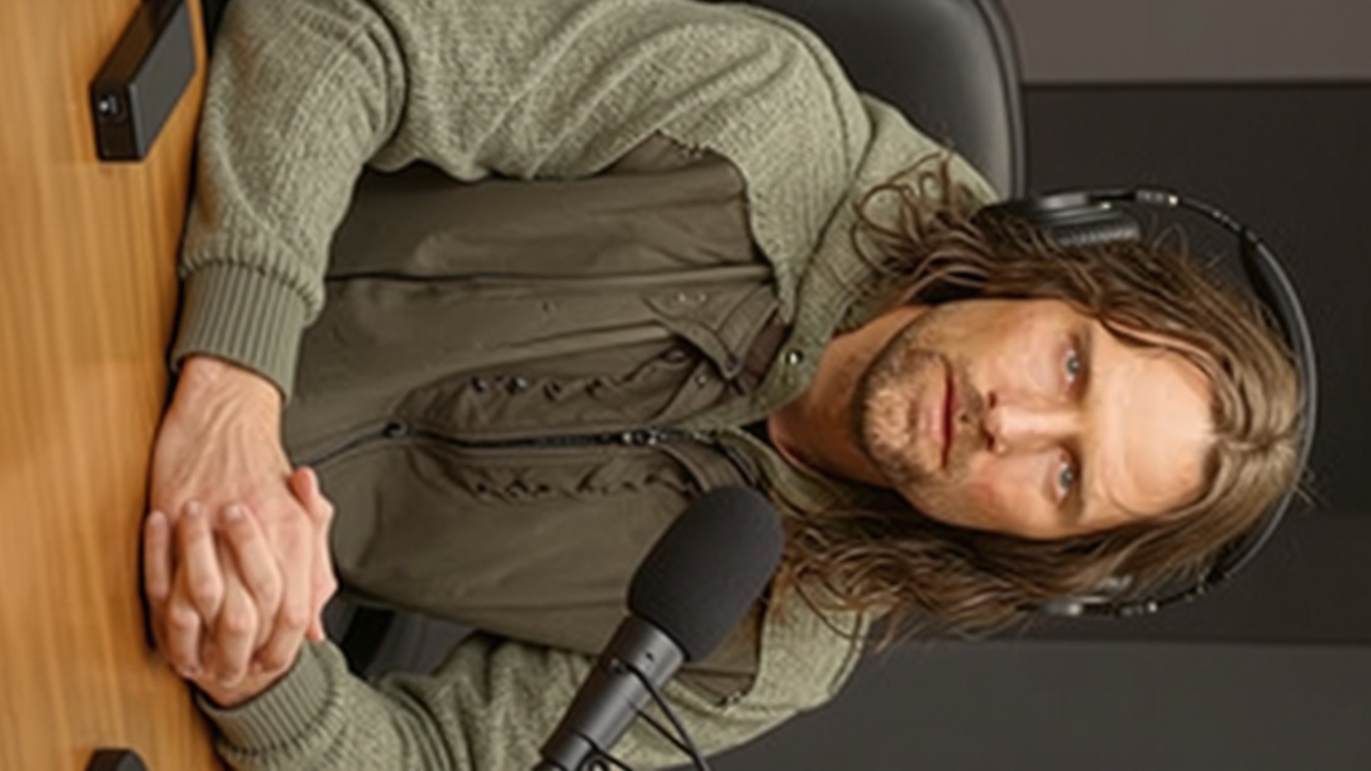 Animate this image so that the character is sitting at a podcast setup like on the Joe Rogan show...
