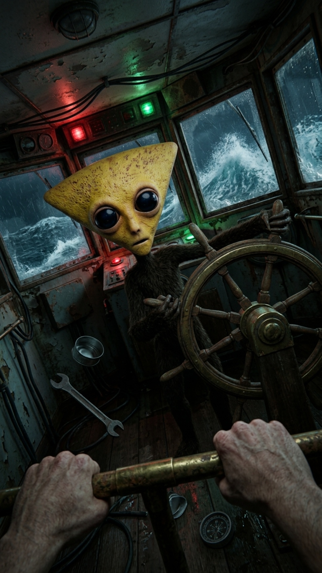POV dentro de la cabina de mando de un viejo barco abandonado durante una fuerte tormenta nocturn...