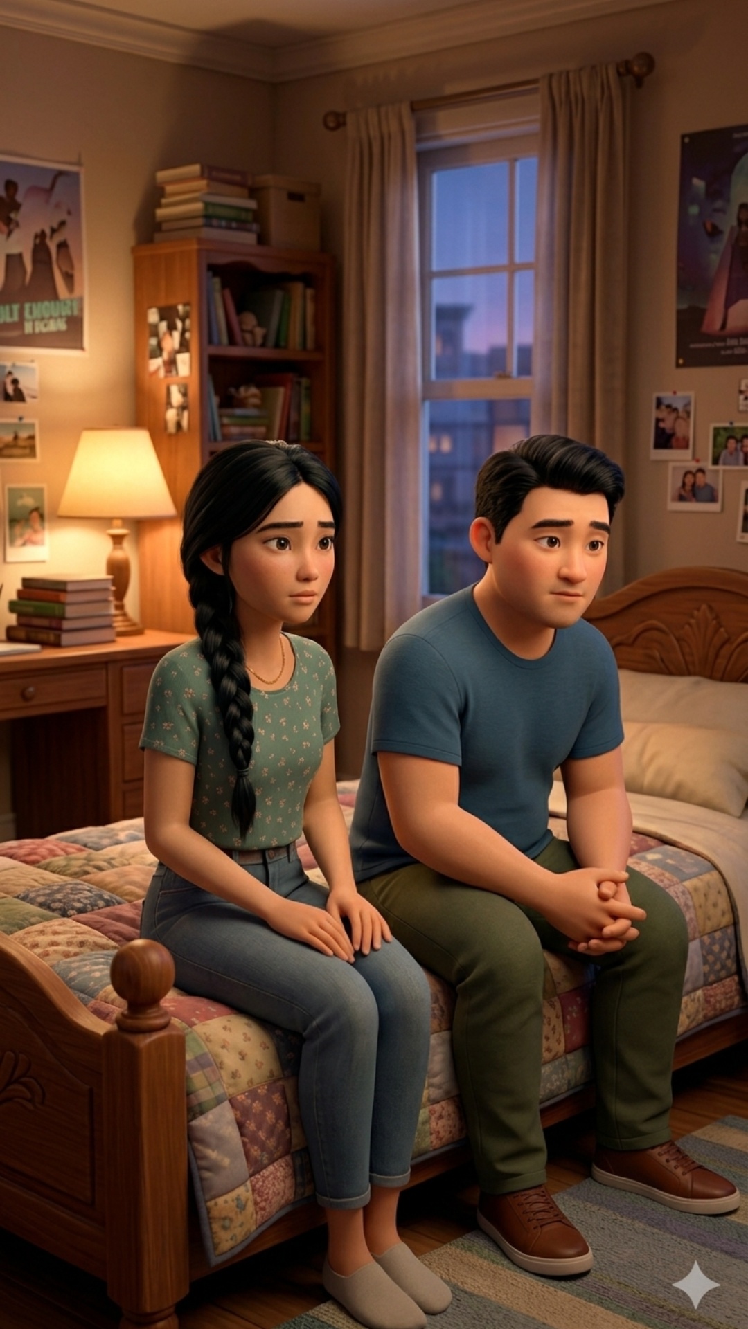 Medium shot in a cozy bedroom. A young woman and a young man are sitting side by side on the bed,...