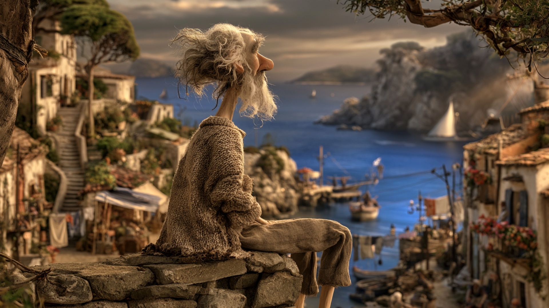 The elderly man remains seated on the stone wall, relaxed and contemplative, overlooking the blue...