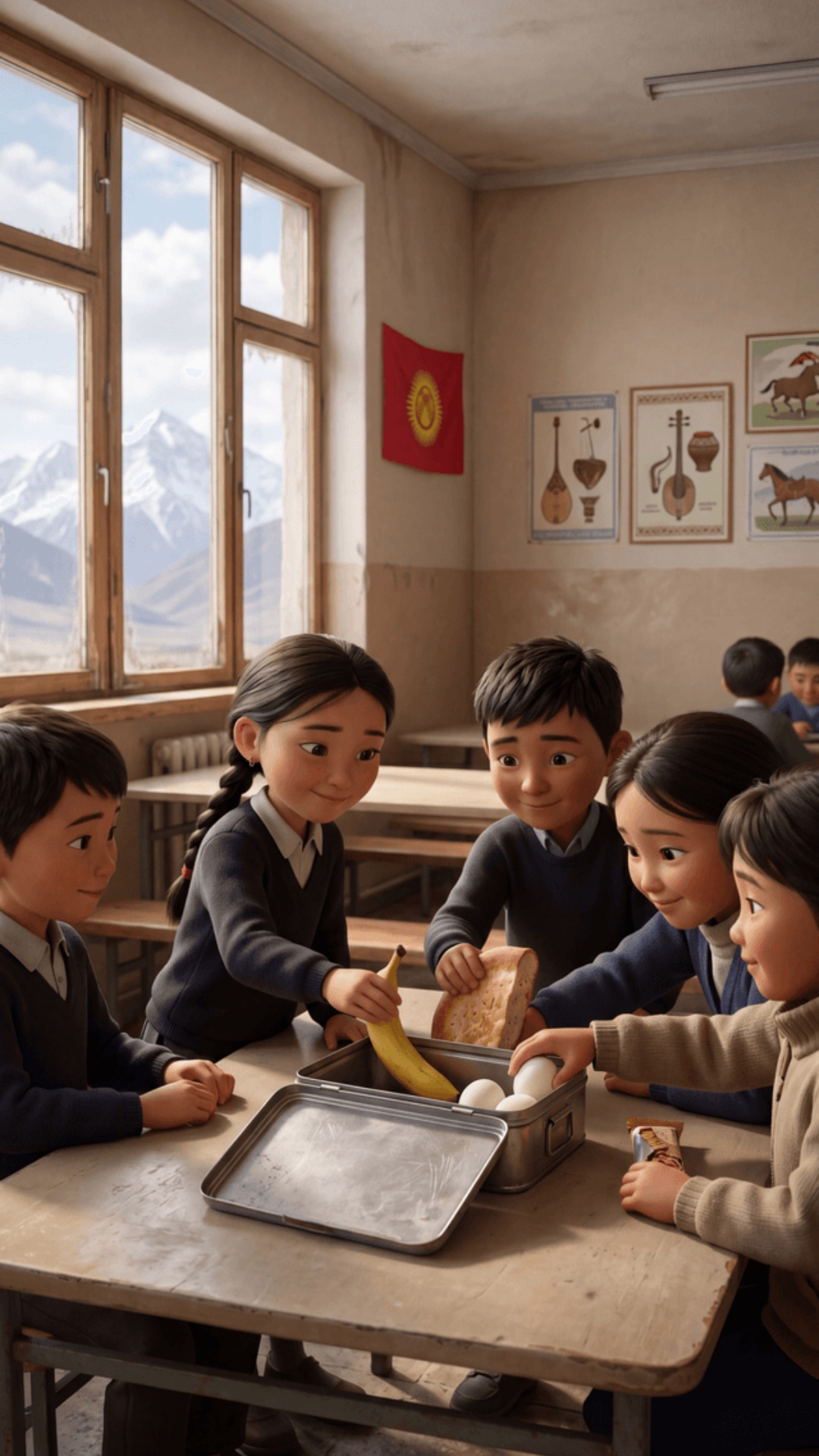 cinematic animated scene, 70% Pixar style, 30% realism, Kyrgyz school cafeteria, slightly worn in...