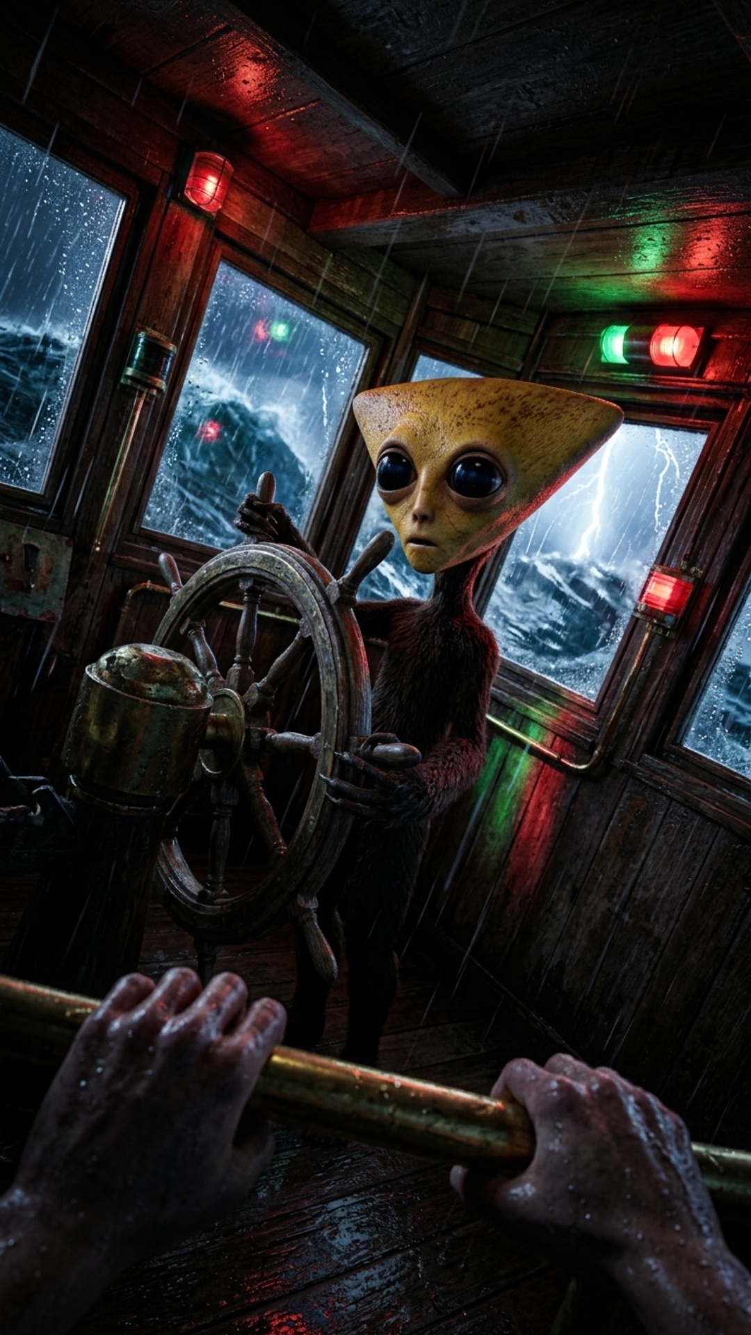 POV dentro de la cabina de mando de un viejo barco abandonado durante una fuerte tormenta nocturn...