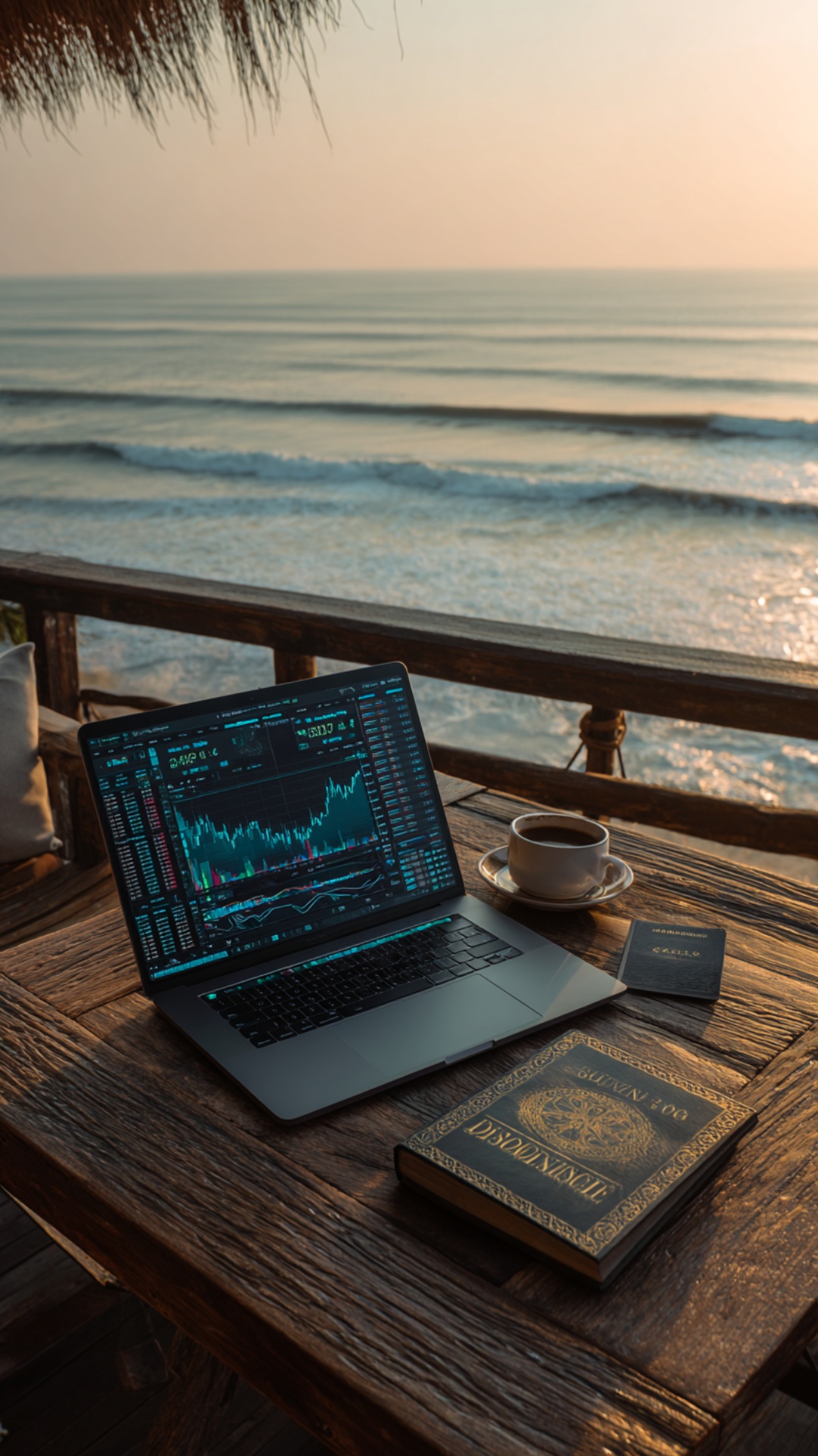 A cinematic flat lay scene by the ocean: on a rustic wooden table sits an open laptop showing glo...