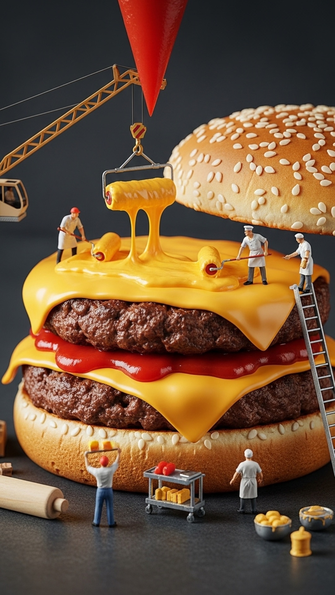 "Miniature Chefs Crafting a Gigantic Cheeseburger" (Food, Miniature Ecosystem)
Main Action: Tiny ...