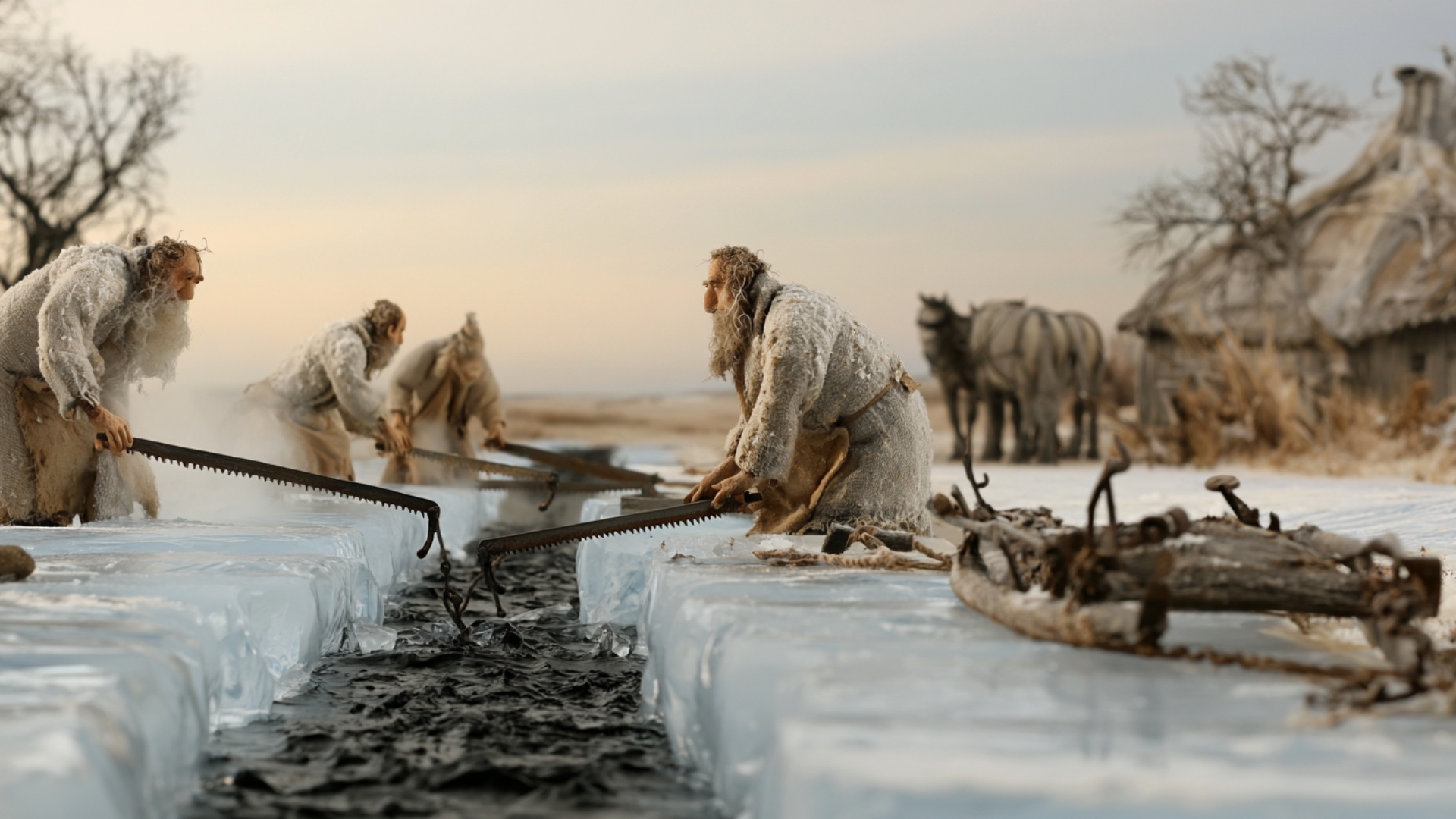 The workers continue sawing along the exact existing cuts in the ice. The nearest two men perform...