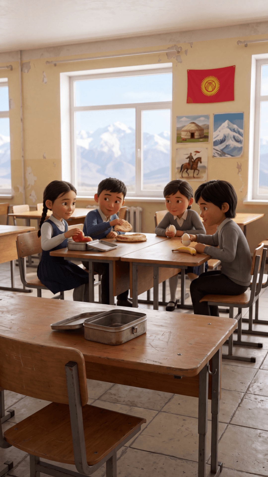cinematic animated scene, 70% Pixar style, 30% realism, Kyrgyz school cafeteria, slightly worn in...