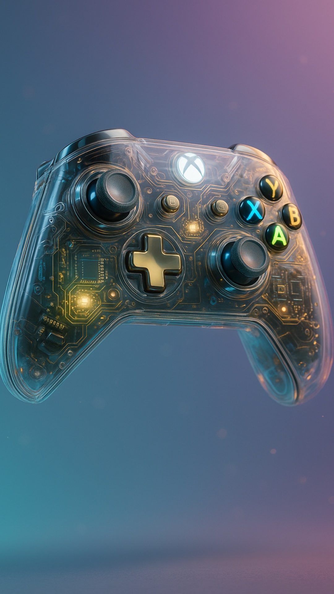 A hyper-realistic transparent Xbox Series controller levitates mid-air, rotating slowly 360 degre...