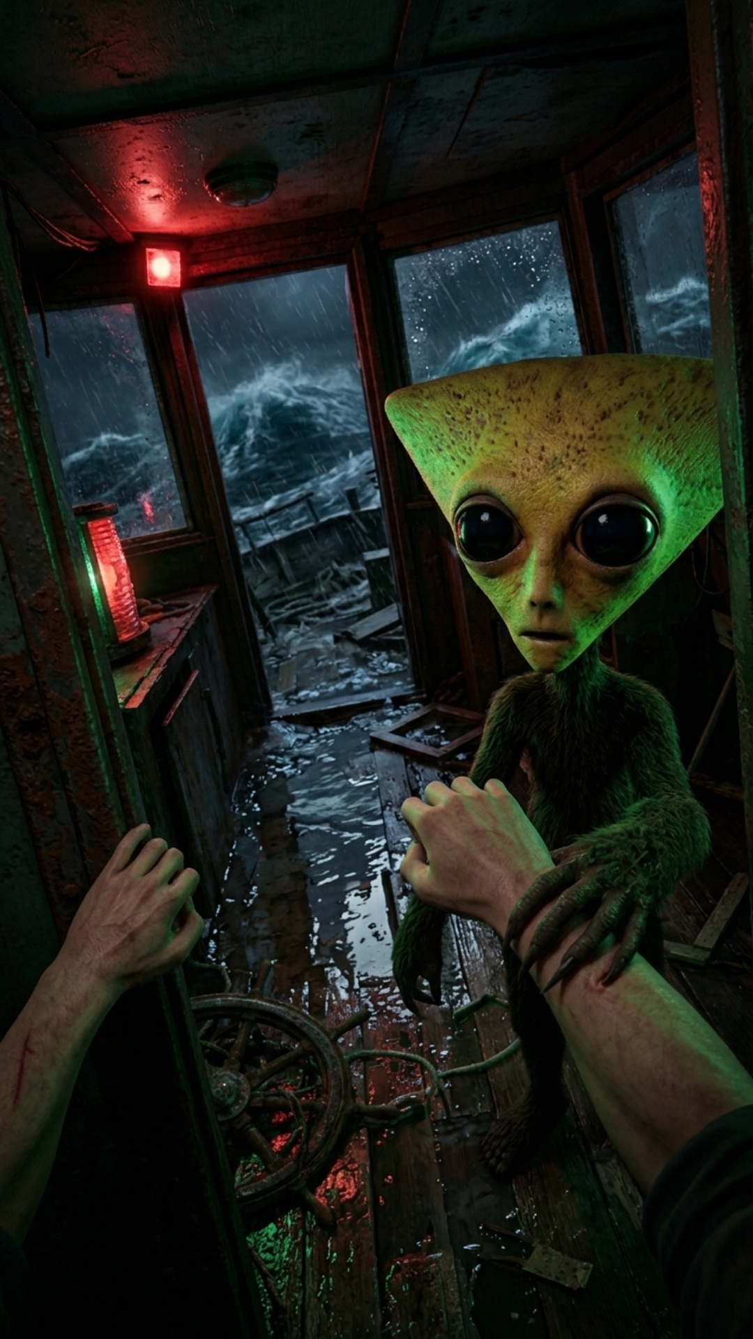 POV dentro de la cabina de mando del barco durante tormenta nocturna. Las manos del POV visibles ...