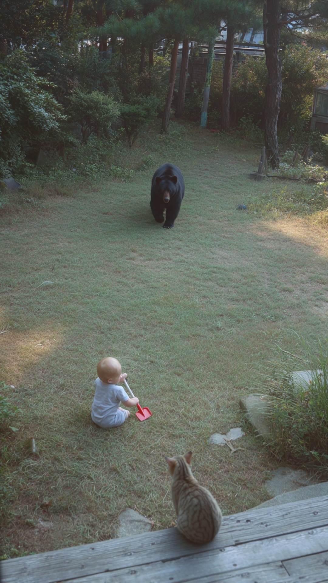 The scene takes place at a countryside house in Korea, captured from a fixed CCTV camera on the w...