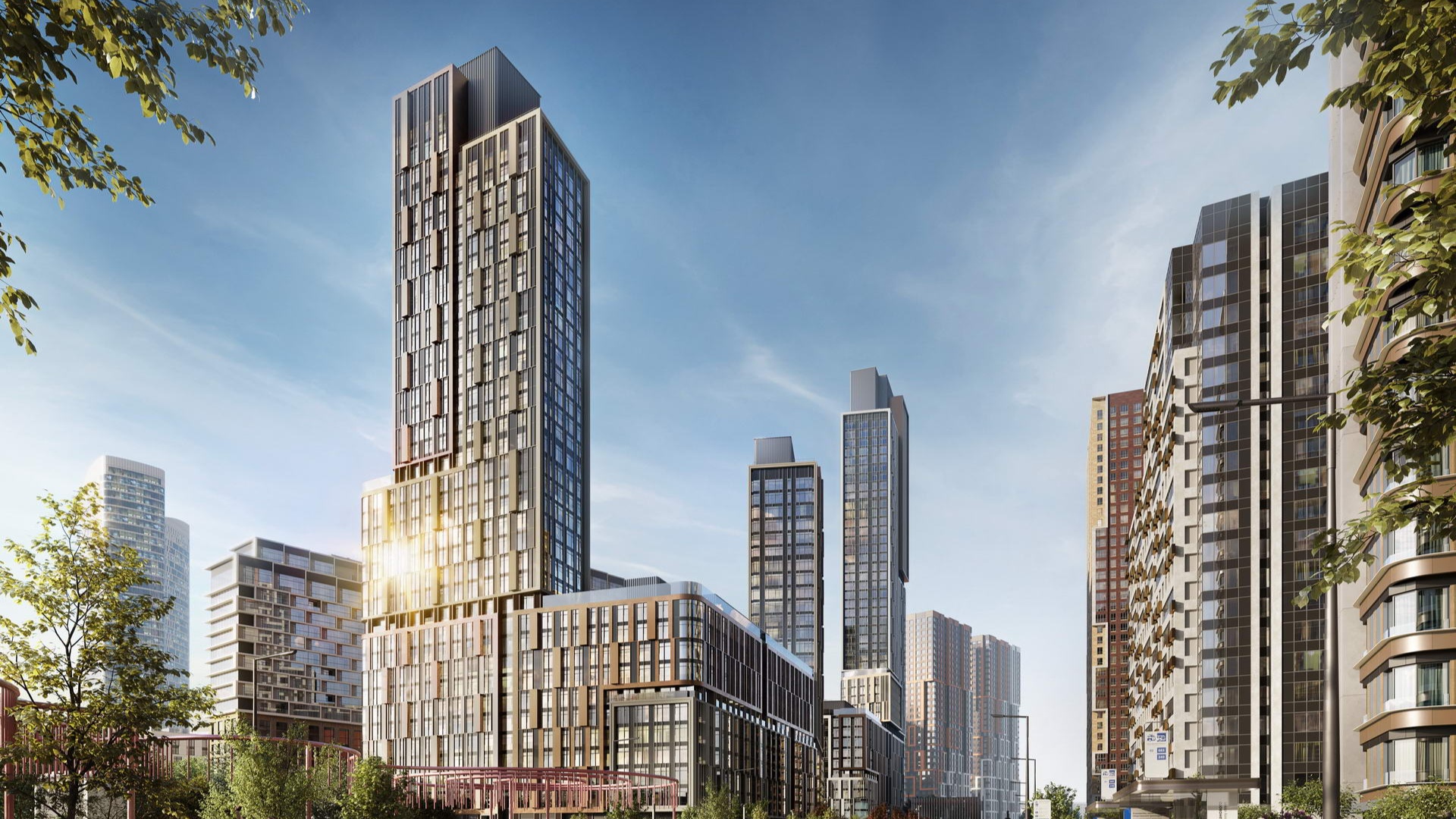 Slow cinematic pull-back revealing more of the modern city street and surrounding buildings. The ...