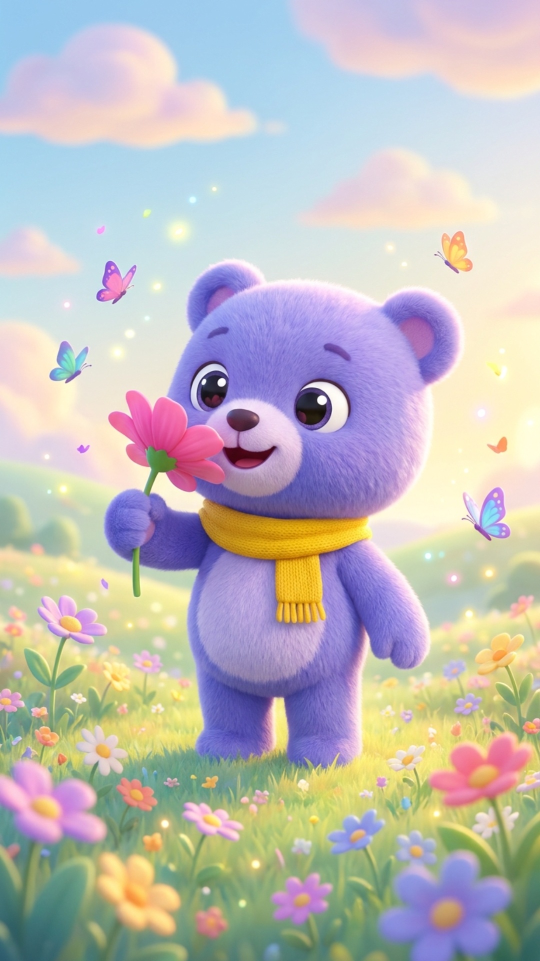 MuTi the purple teddy bear gently lifts the single pink flower closer to his nose, sniffs it swee...