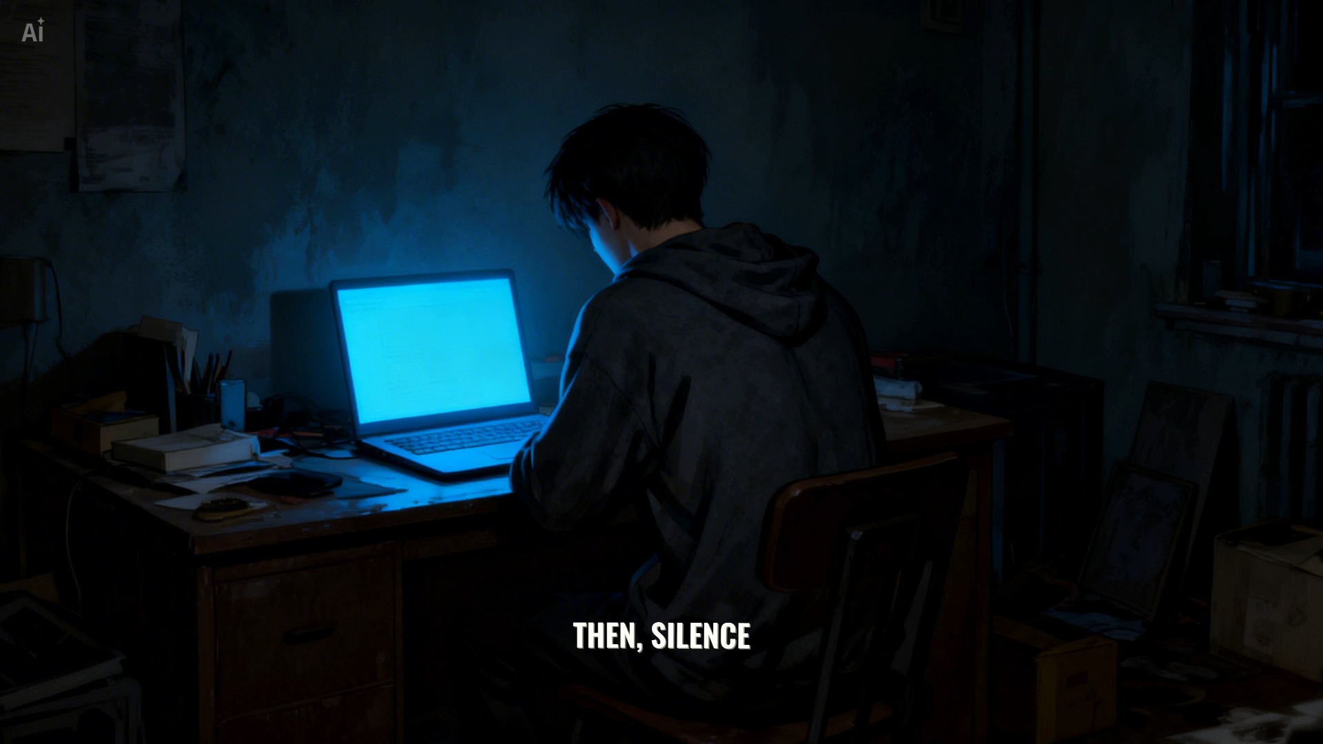 "Cinematic horror shot from behind a man at a desk. A glowing blue laptop screen is the only ligh...