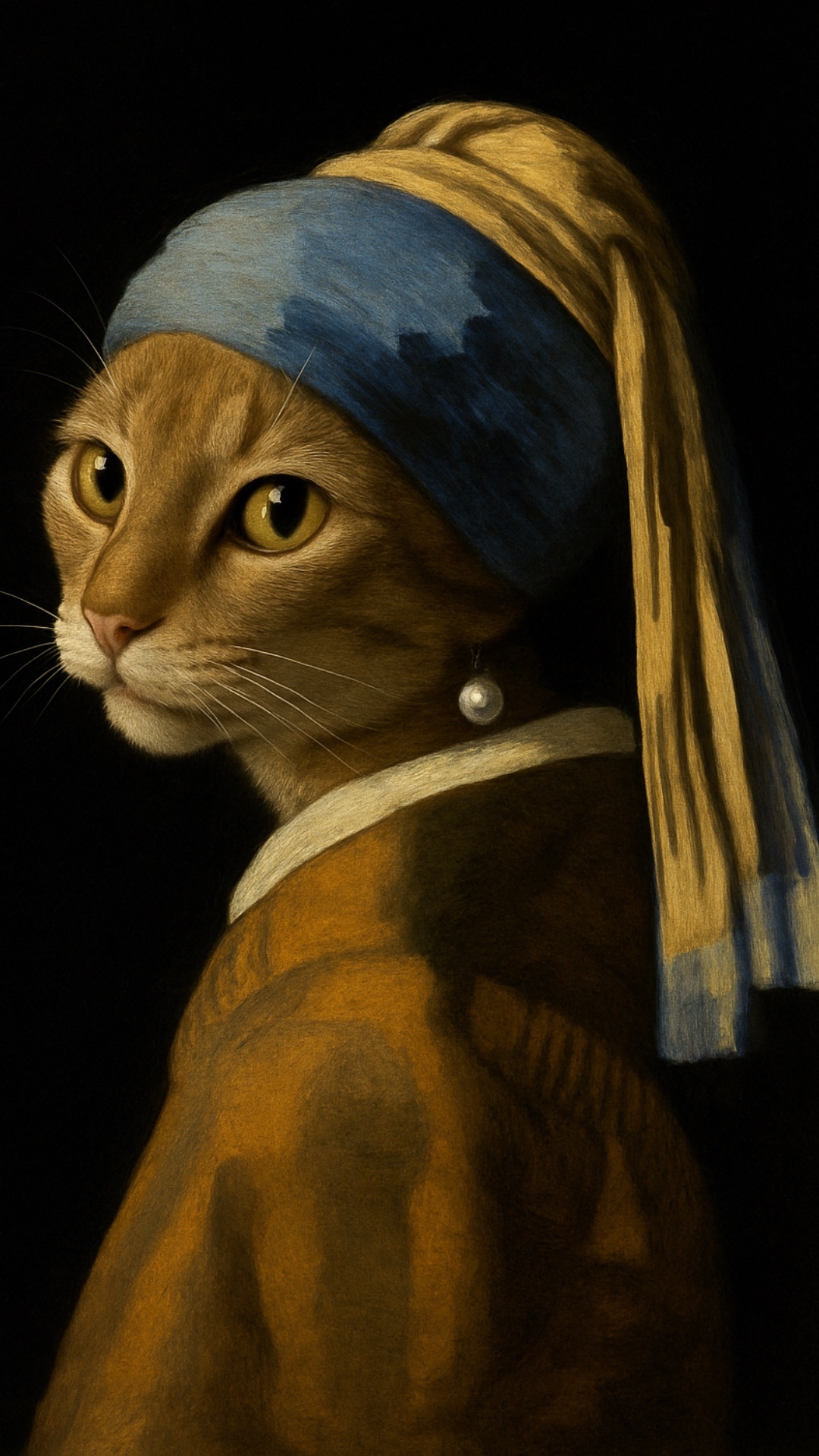 Subject: Domestic short-haired cat modeled after Vermeer’s “Girl with a Pearl Earring”  
Context:...