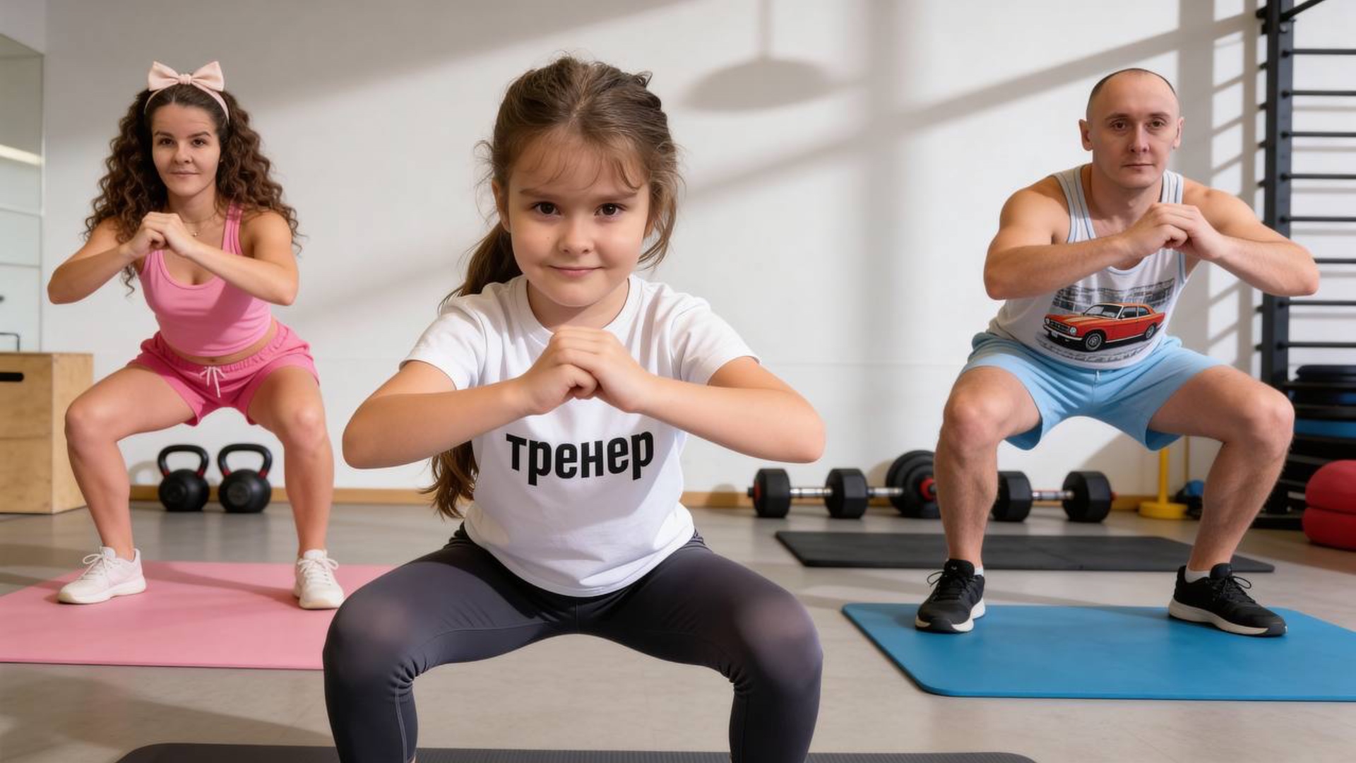 {
  "style": "realistic cinematic live-action",
  "scene": "family fitness training session",
  "...