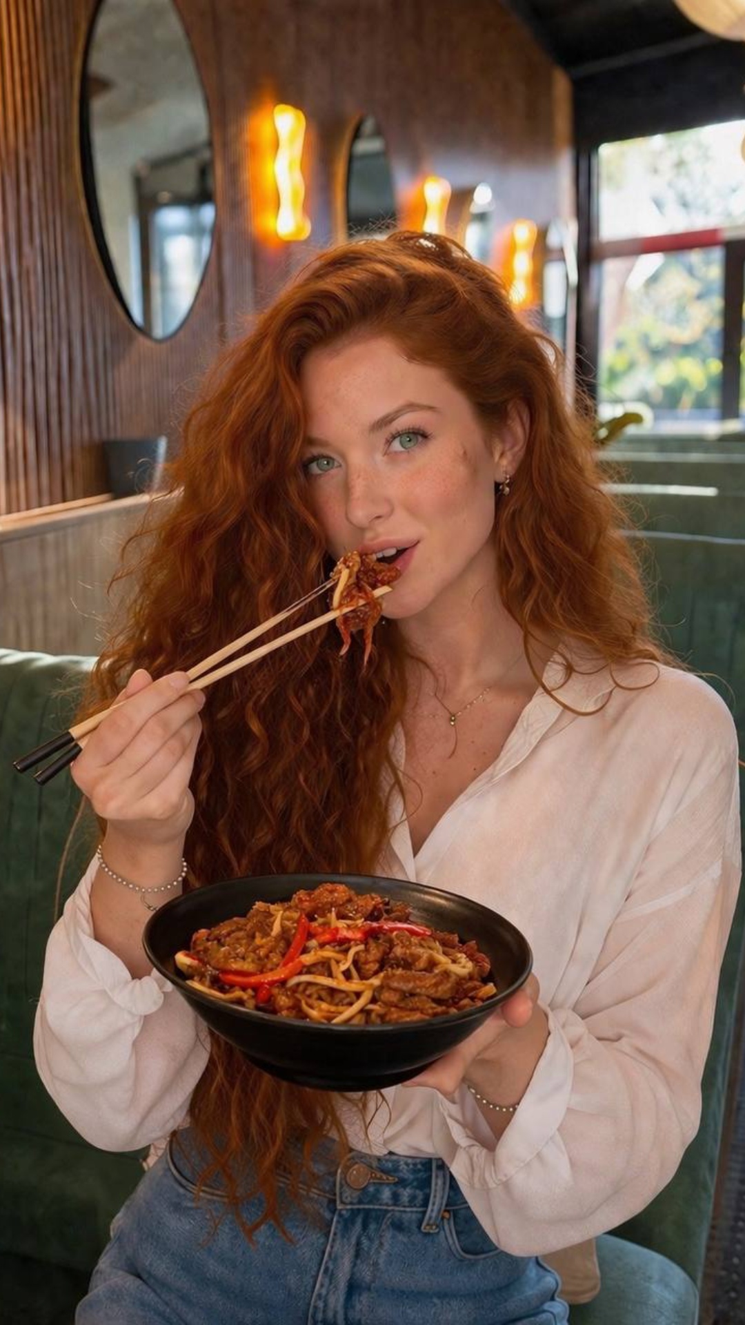 A realistic cinematic video of the SAME young red-haired woman with freckles sitting in a cozy mo...