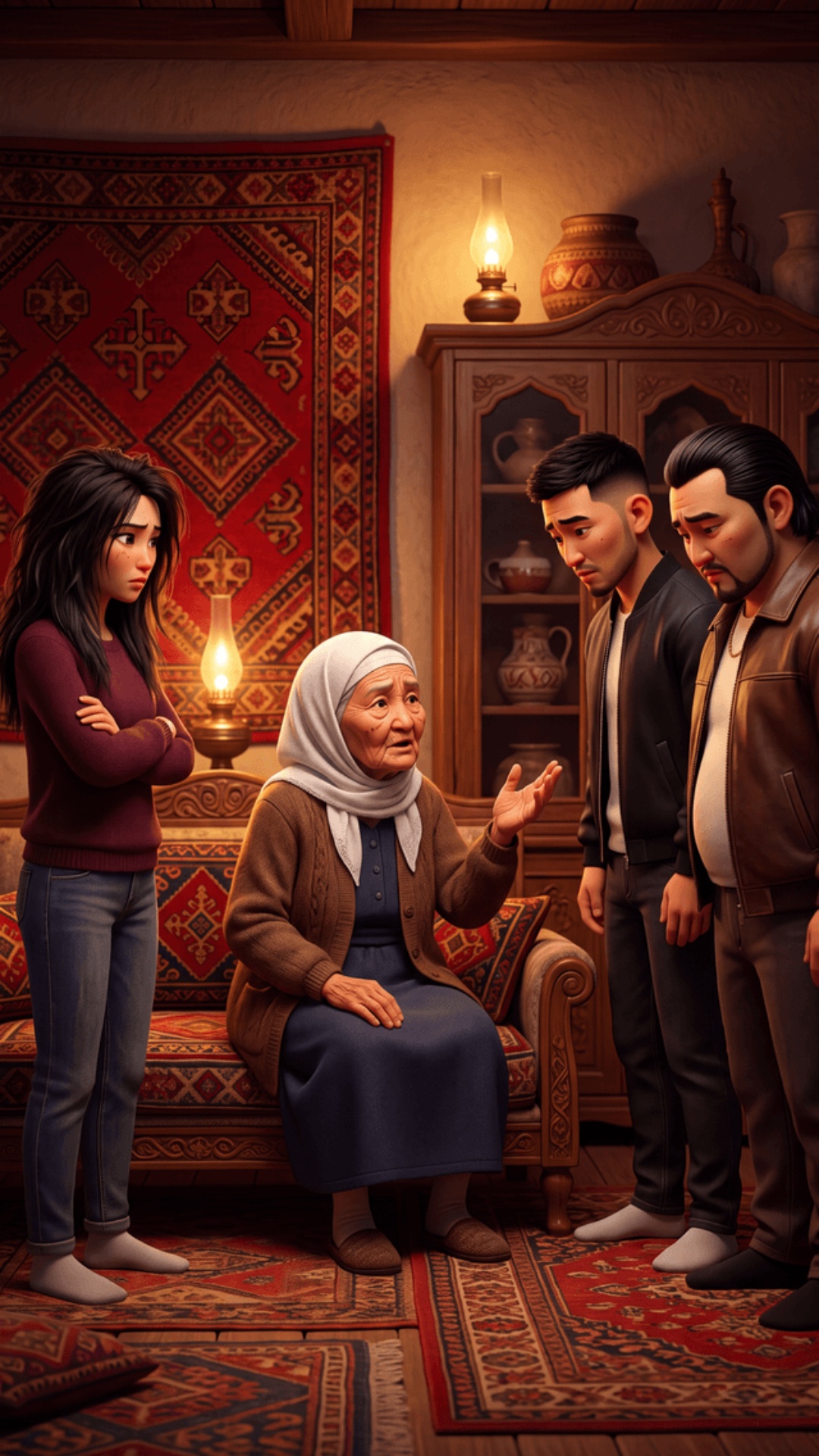 "ONLY the Grandmother speaks in this entire clip. Kyrgyz home room at evening, warm oil lamp glow...