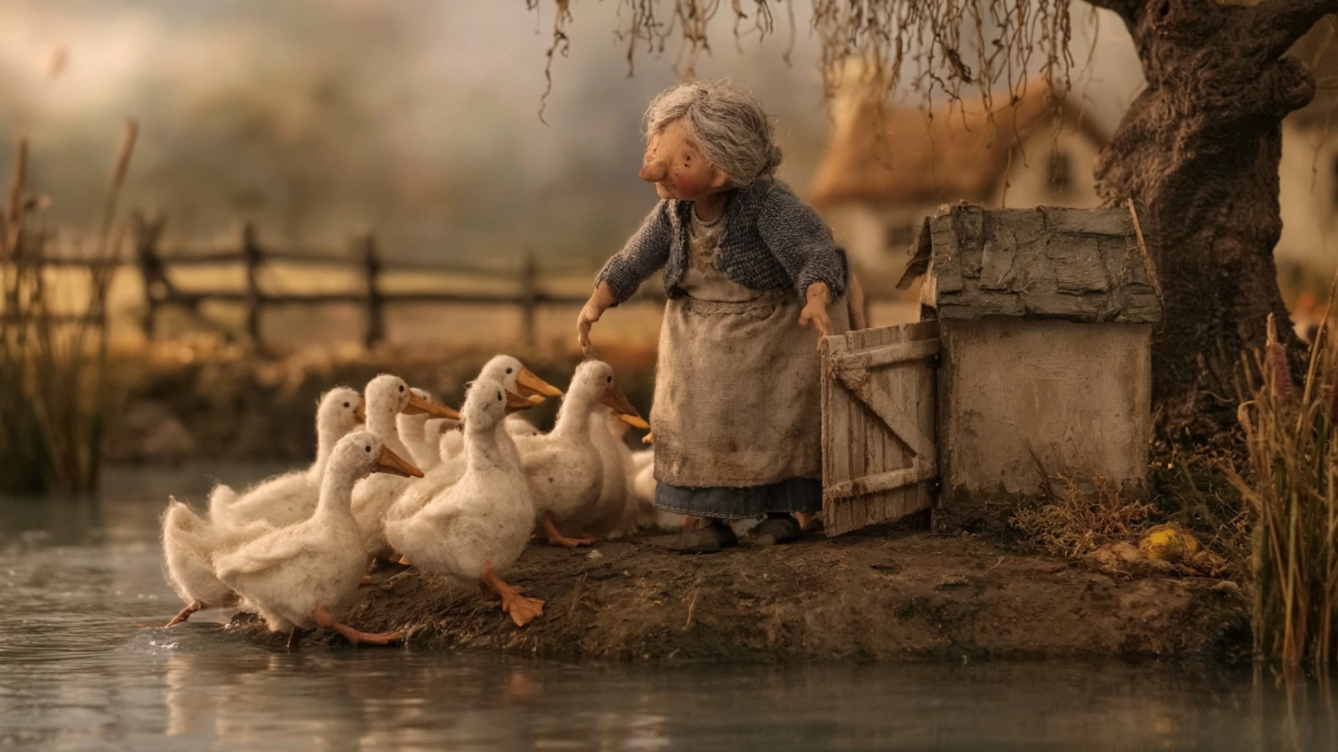 The ducks move continuously down the muddy bank toward the pond for the full 5 seconds, several b...