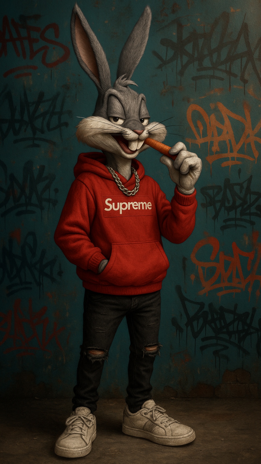 A hyper-realistic anthropomorphic Bugs Bunny wearing a red Supreme hoodie, ripped black jeans, an...