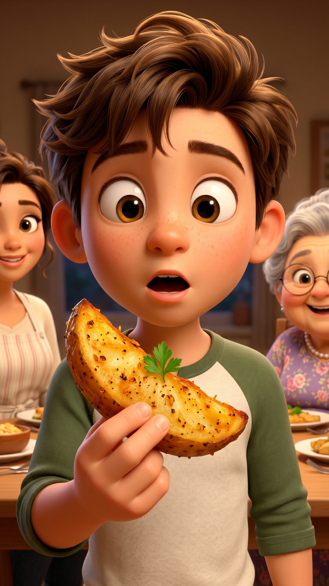 Boy looks at the potato wedge in his hand with surprise. He bites it and hears a crunch. His eyes...