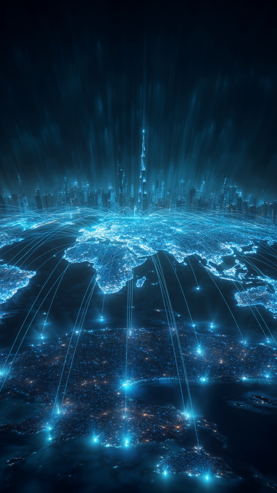 A cinematic vertical animation of a futuristic holographic Earth, glowing in blue and turquoise n...