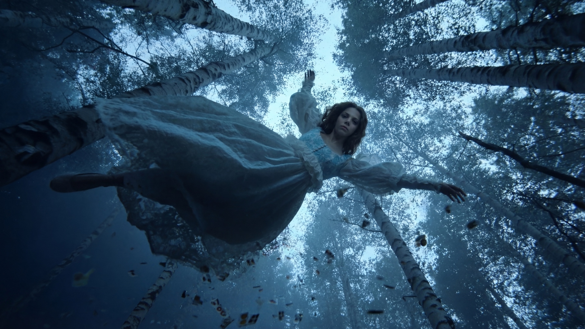 Fast dynamic falling shot in a birch forest. Keep the same girl, dress, and forest. Make the fall...