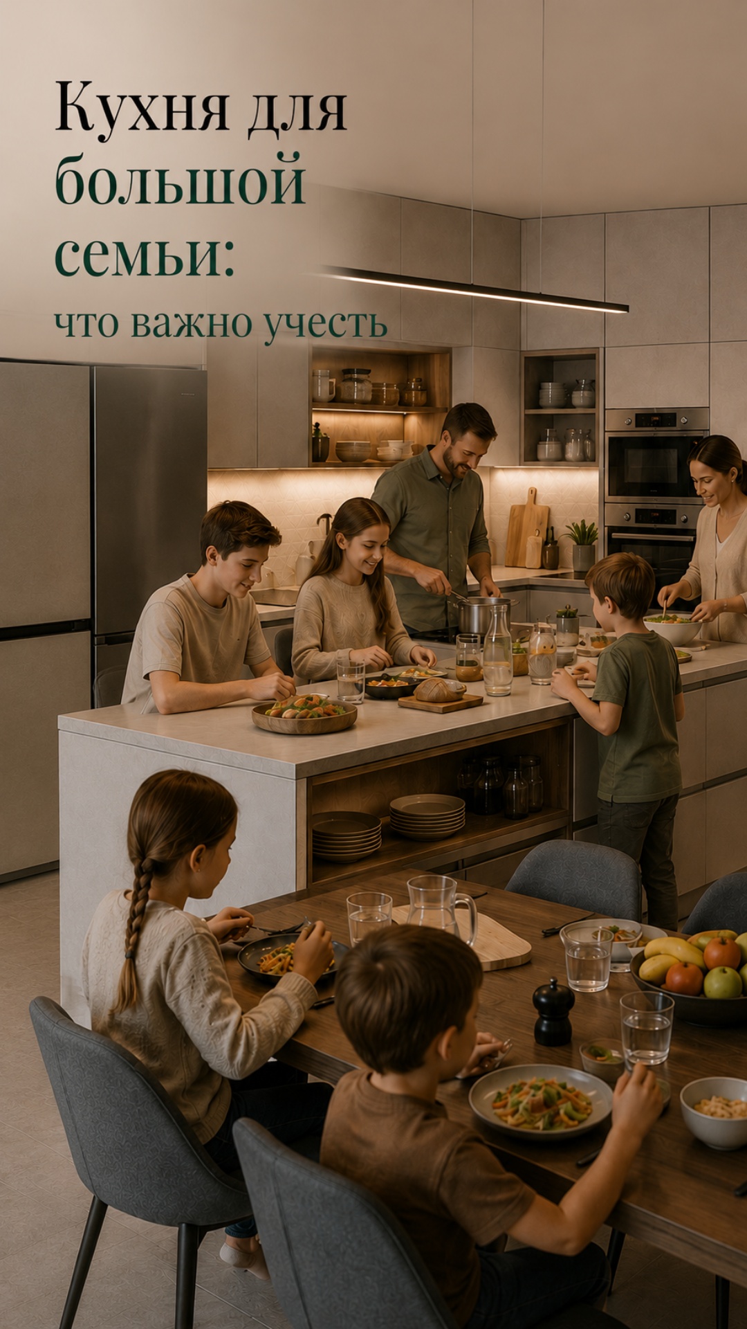 Subject: Большая семья ужинает за кухонным островом и столом  
Context: Современная уютная кухня ...