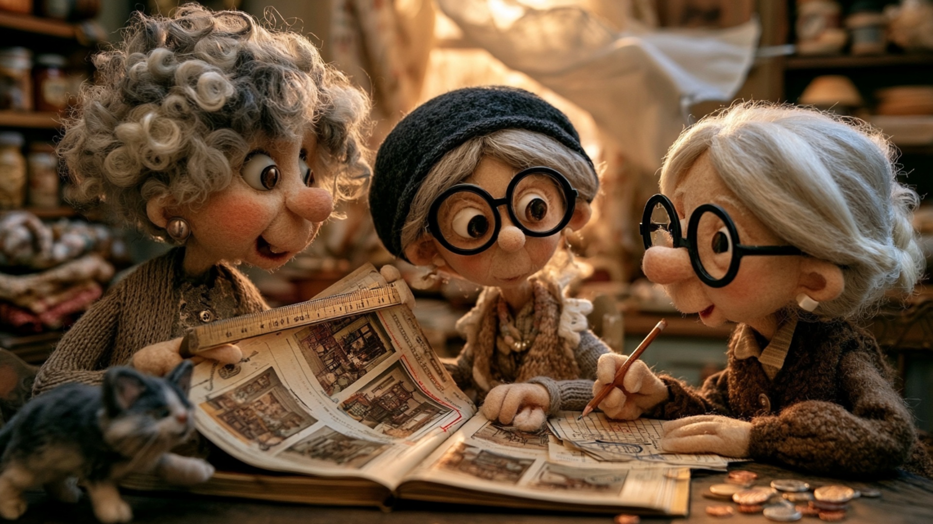 The elderly woman on the left keeps the ruler firmly across the catalogue page and slides it a sh...