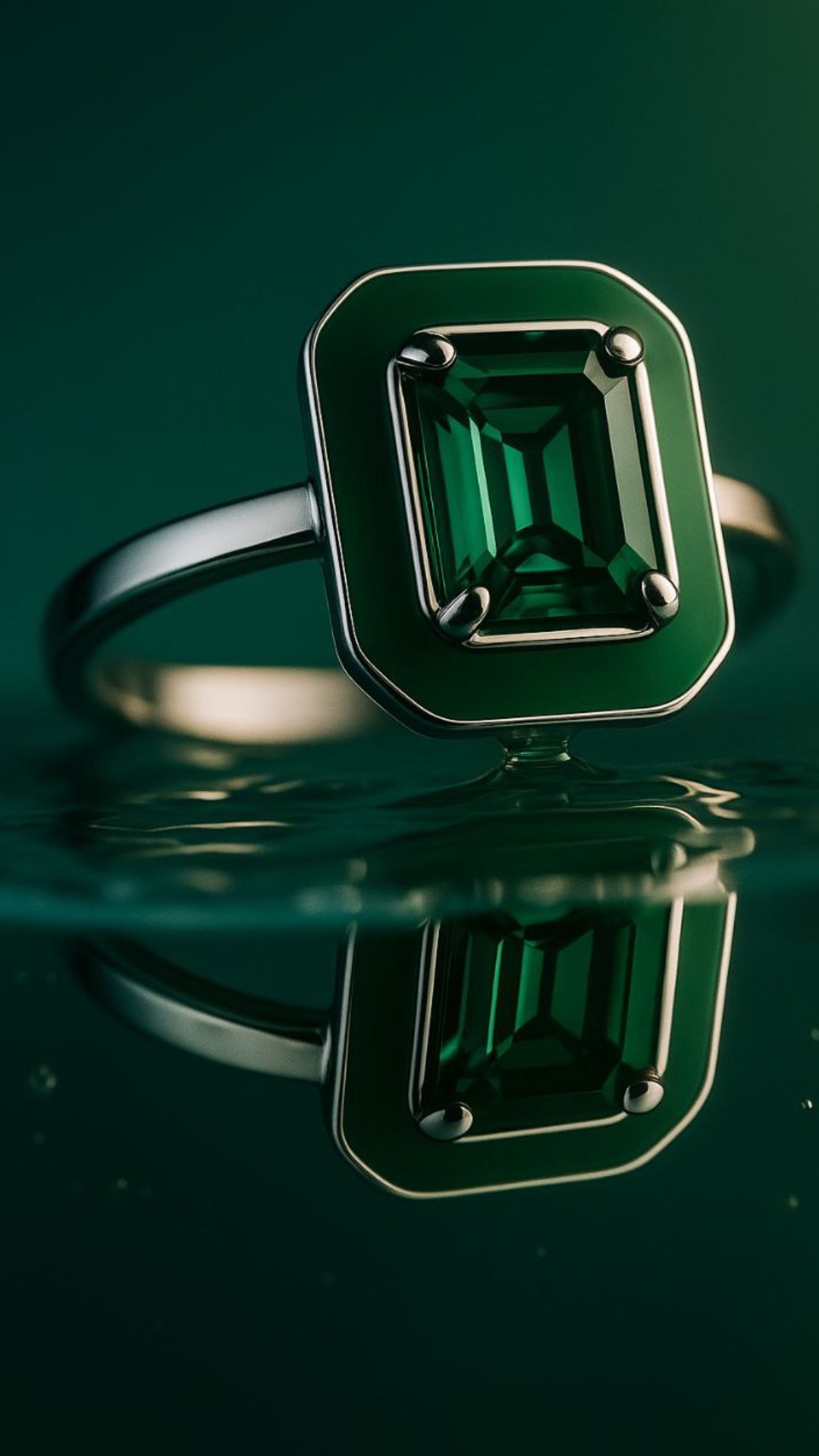 A luxurious emerald ring with a geometric design falls slowly from above in slow motion. As it de...