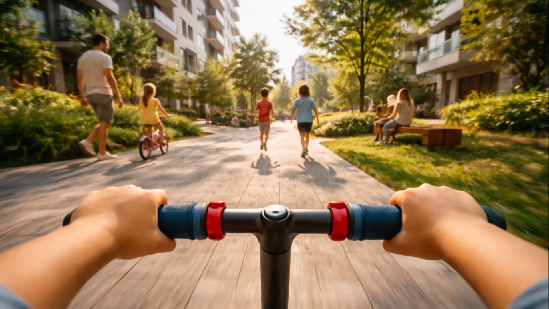 First-person perspective of a child riding a scooter along a sunny residential park pathway. The ...