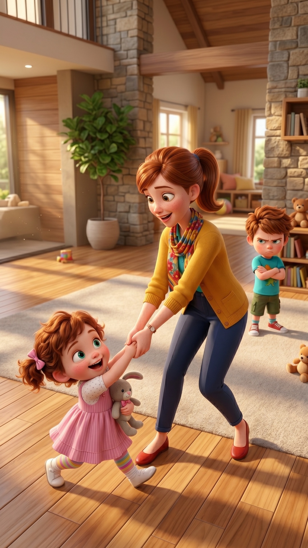 «Кинематографичная анимация в стиле Pixar, плавная съемка в движении. Трехлетняя Соня с энтузиазм...
