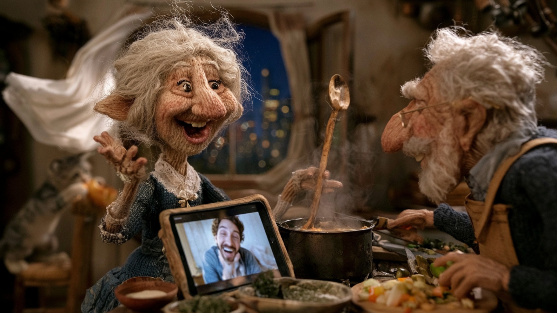 The elderly woman laughs toward the tablet and gives the man on the video call a lively friendly ...