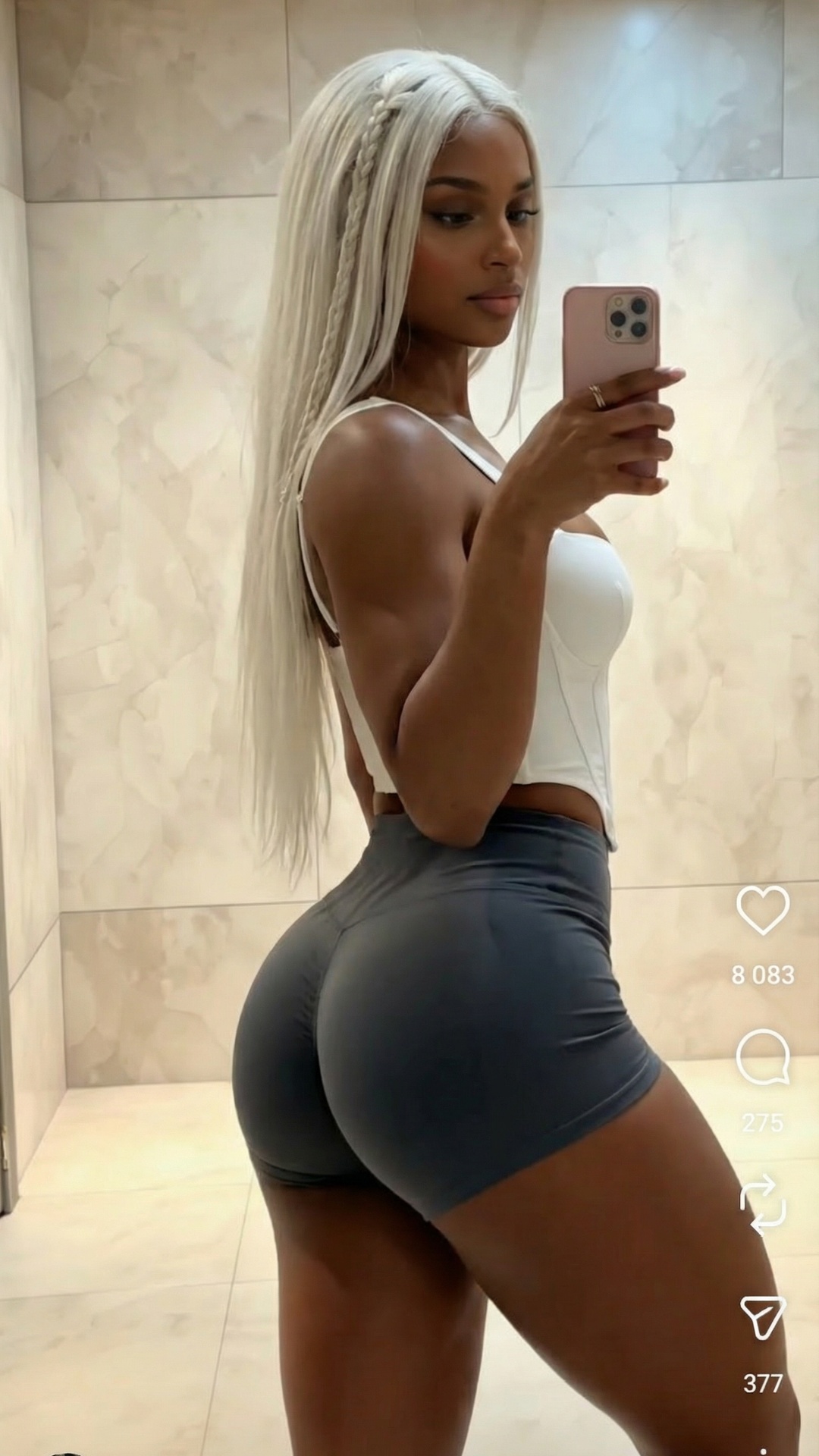 Animate the photo. A girl in sportswear is taking a selfie in the mirror. Add a smooth hip sway a...