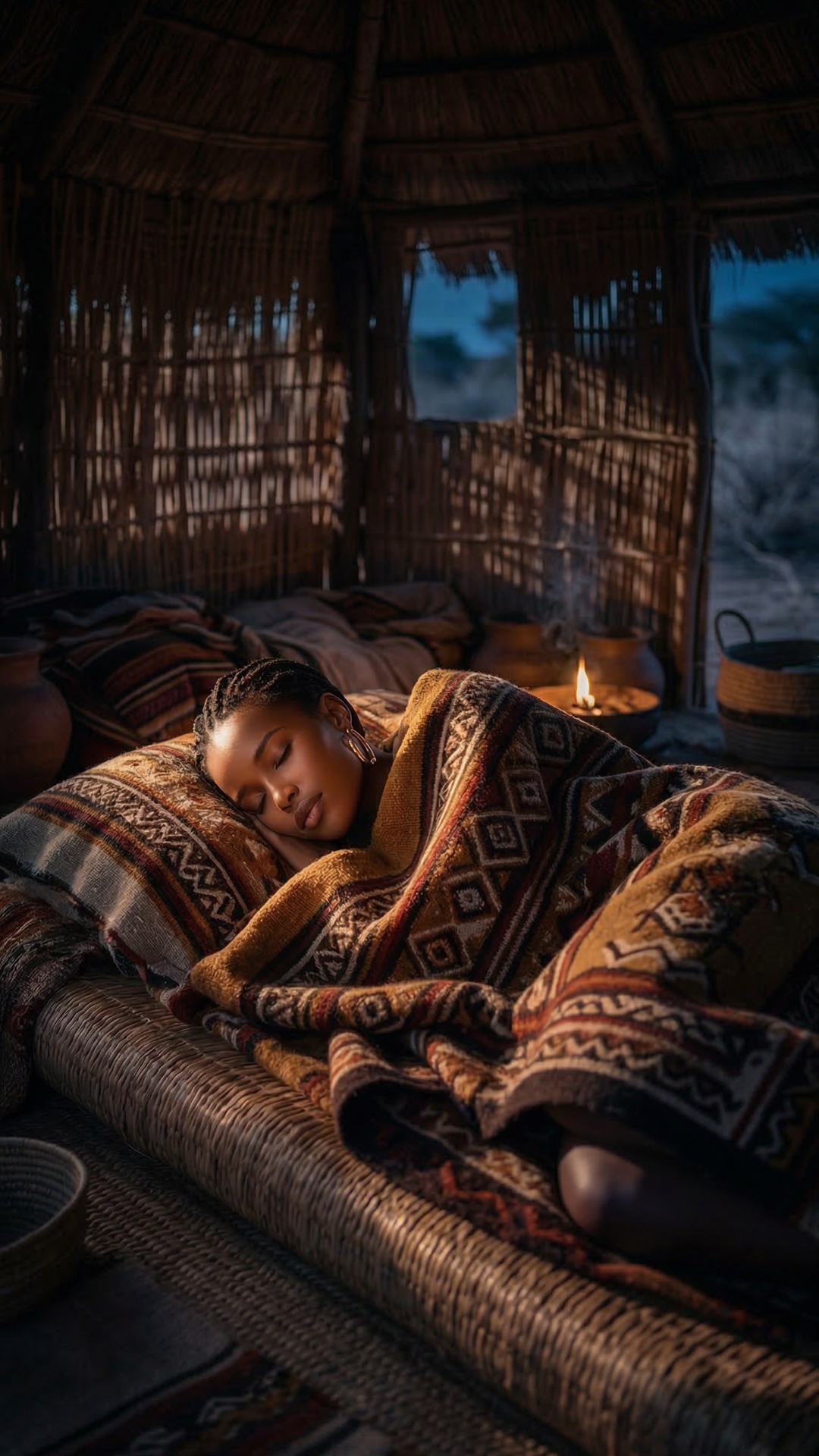 model peacefully sleeping in the hut, moon is rising above savanna