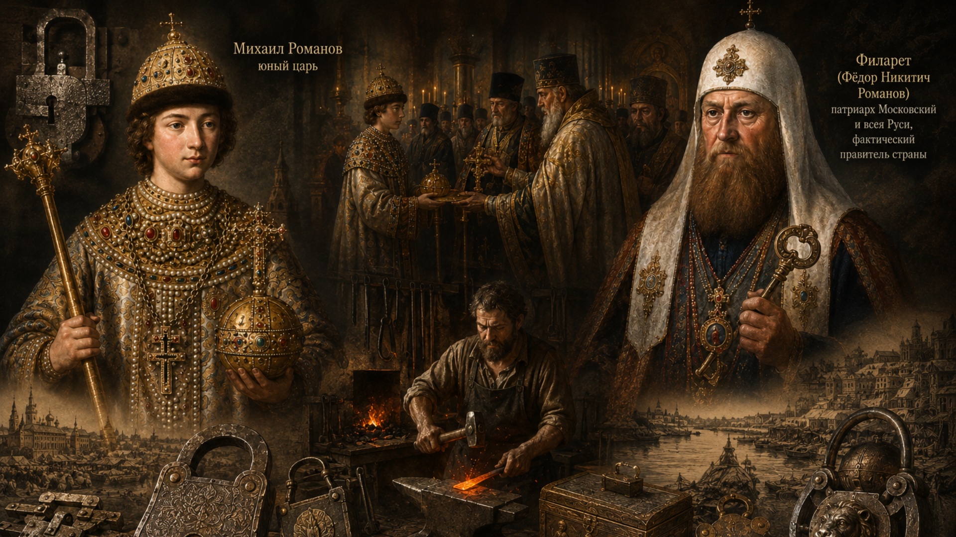 Cinematic animated historical collage, 17th century Russia, rich golden-brown palette, ultra-deta...