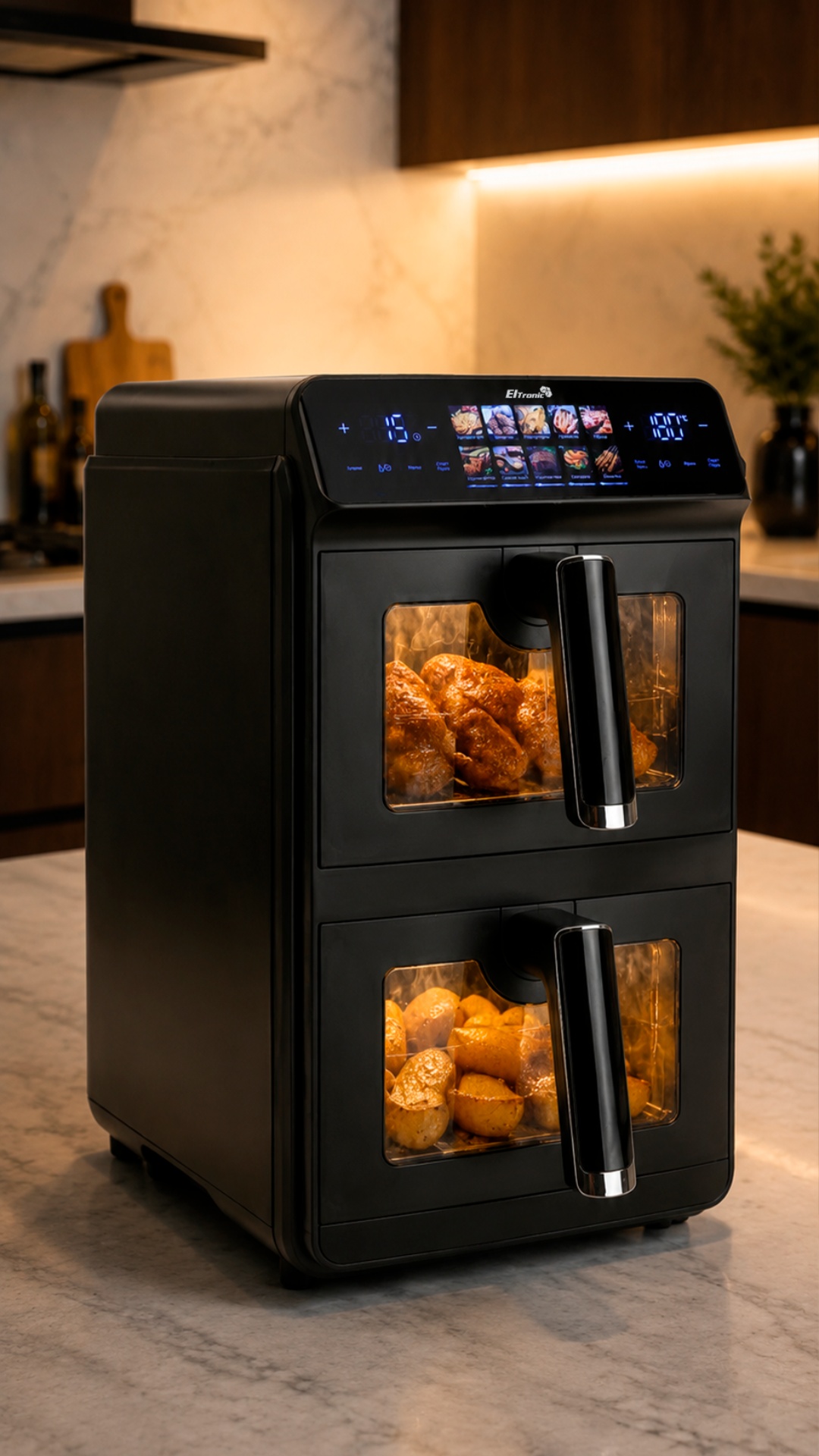 Realistic cinematic product commercial.

The Eltronic 777-03 air fryer stands alone on the kitc...