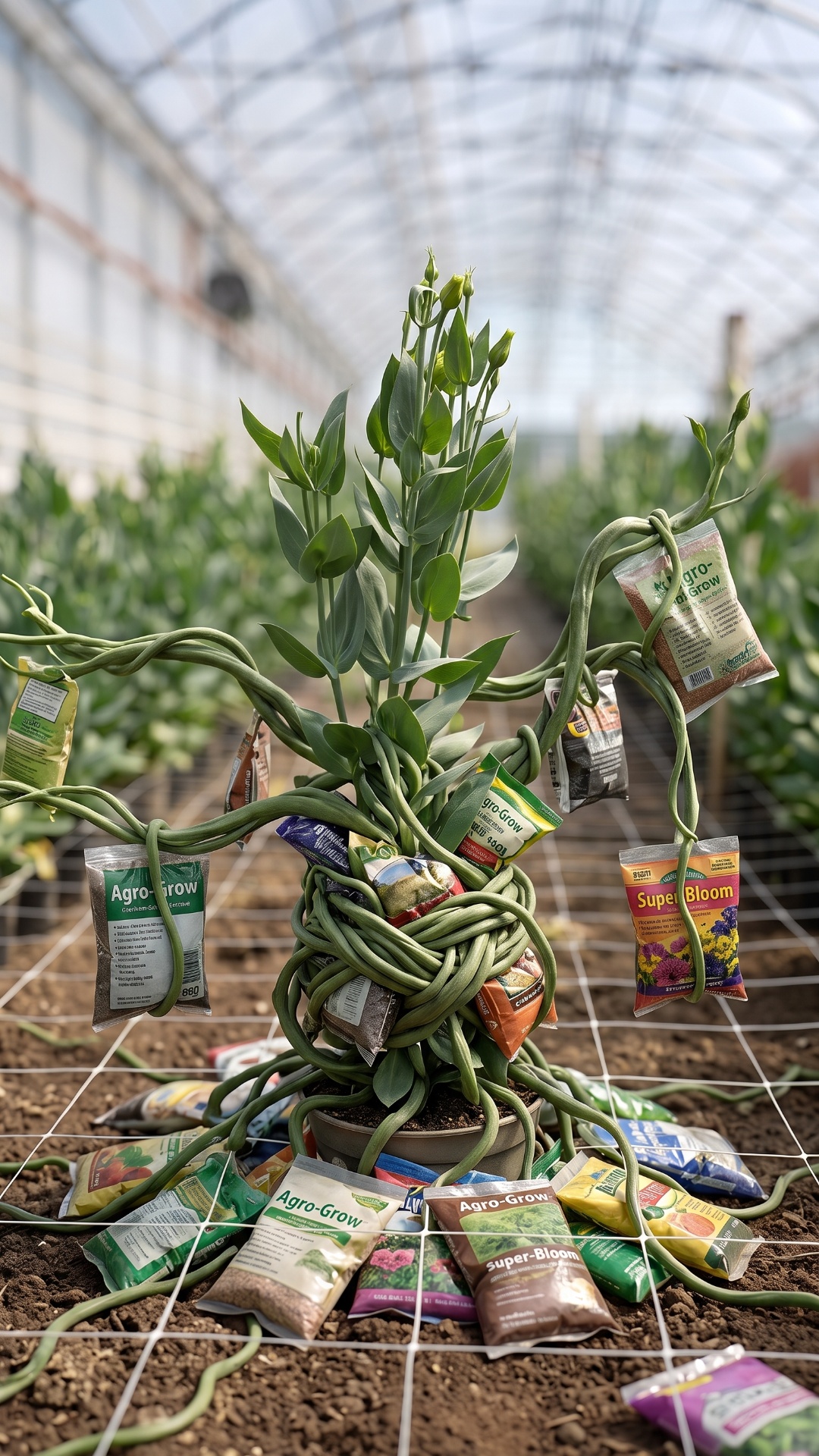 A realistic magical plant growing in the center of the scene, surrounded by many fertilizer bags....