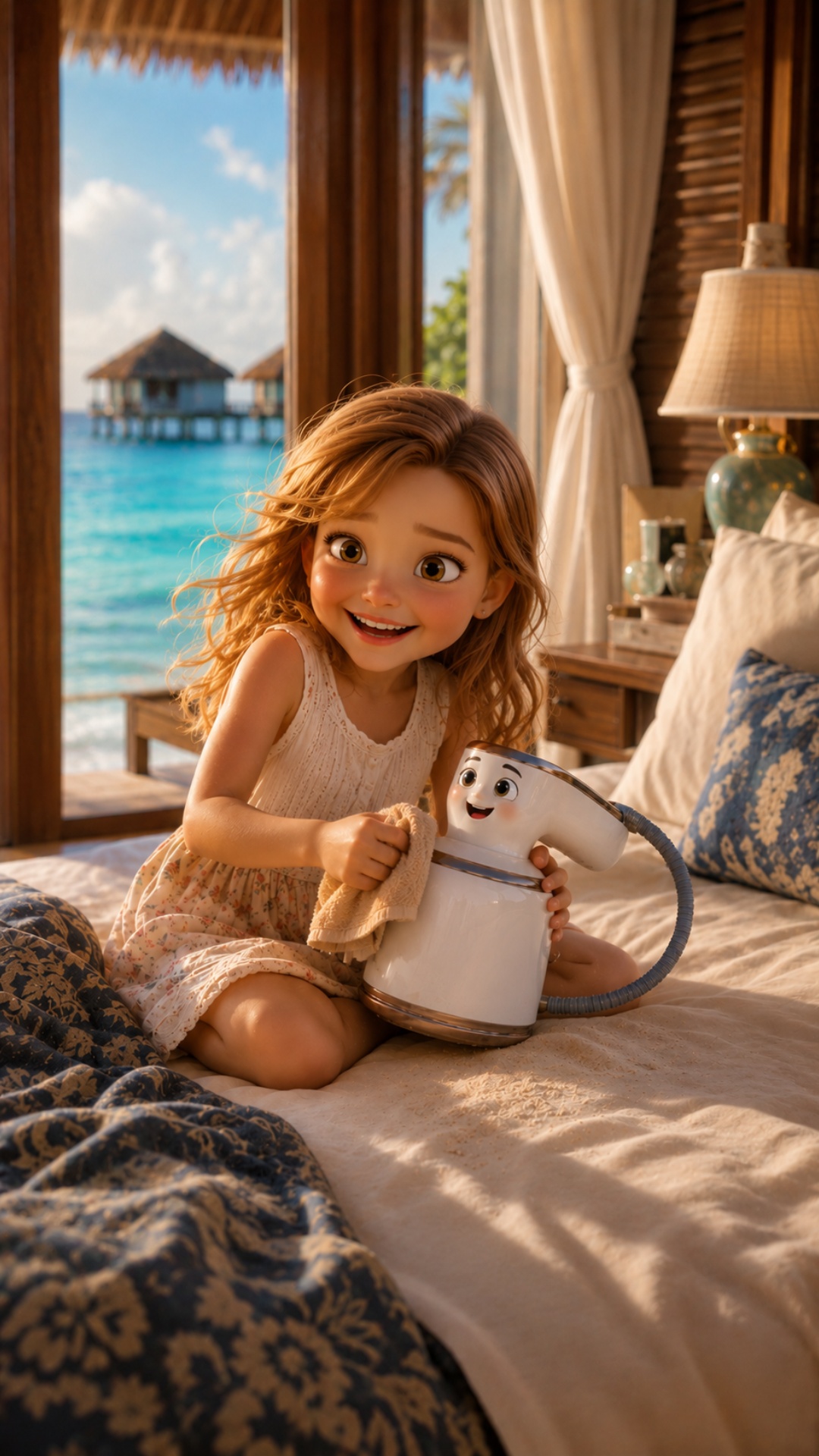 Cozy cinematic daytime scene inside a luxury Maldives villa bedroom with ocean view outside. The ...