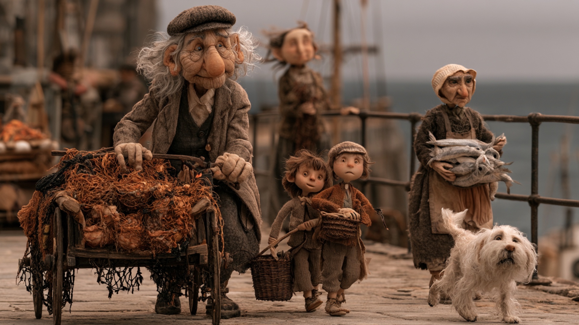 The elderly woman slowly pushes the heavy wooden cart forward along the harbor path, the small wh...