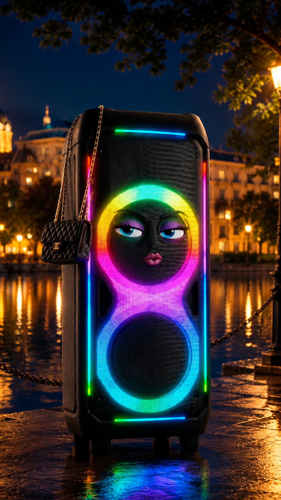 Animate the black speaker with the handbag playing music powerfully and cleanly by the lake. Her ...