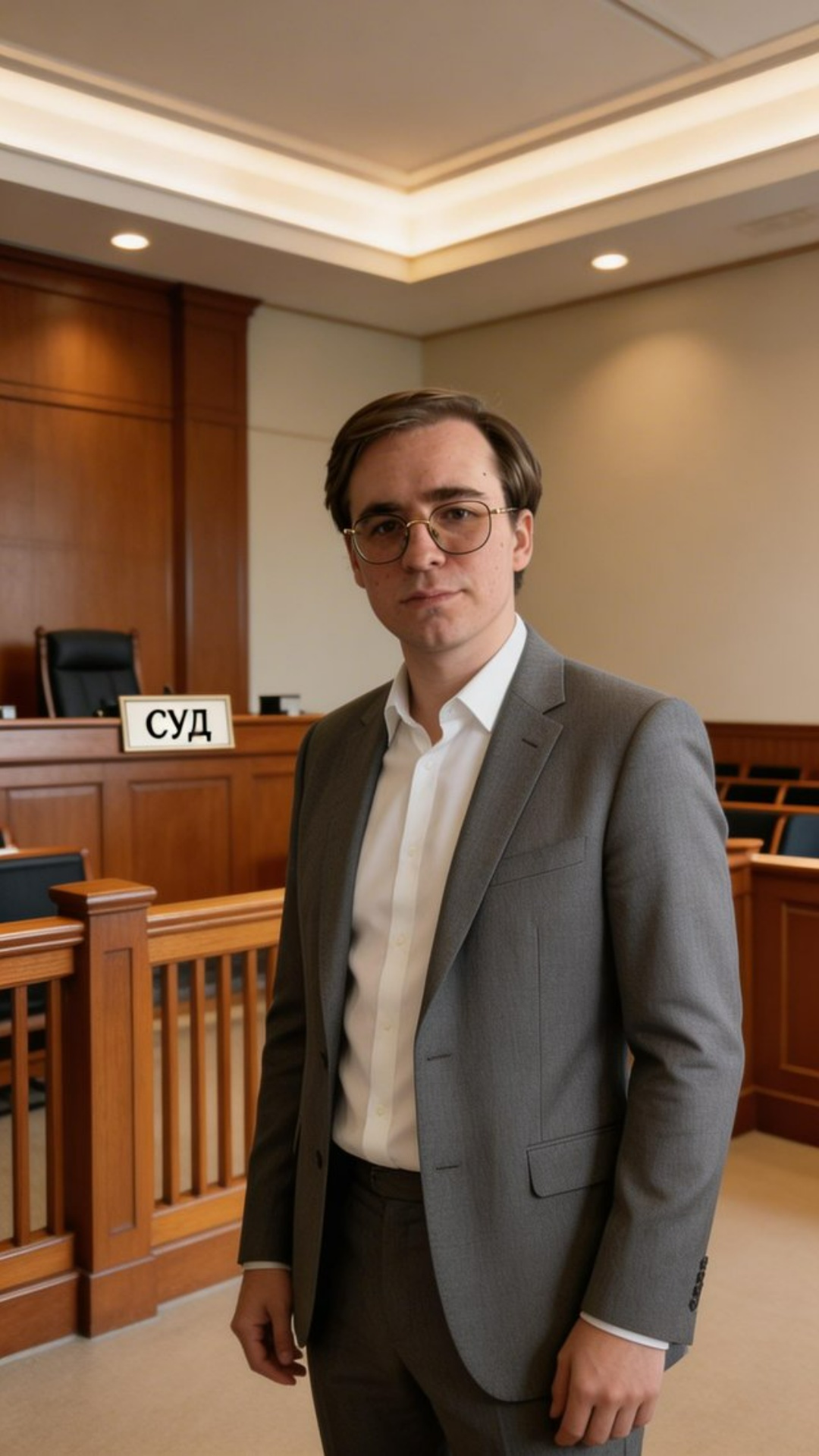 Subject: Аватар Никита Context: Зал суда или нейтральный фон Action: Стоит, слегка двигает руками...