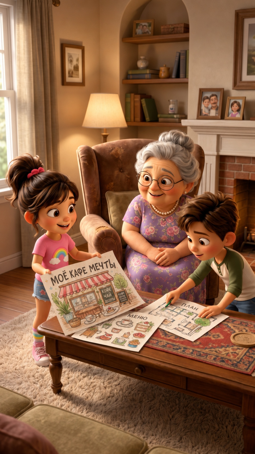 Little girl proudly shows drawings of her dream cafe to grandmother and neighbor boy. She says: "...