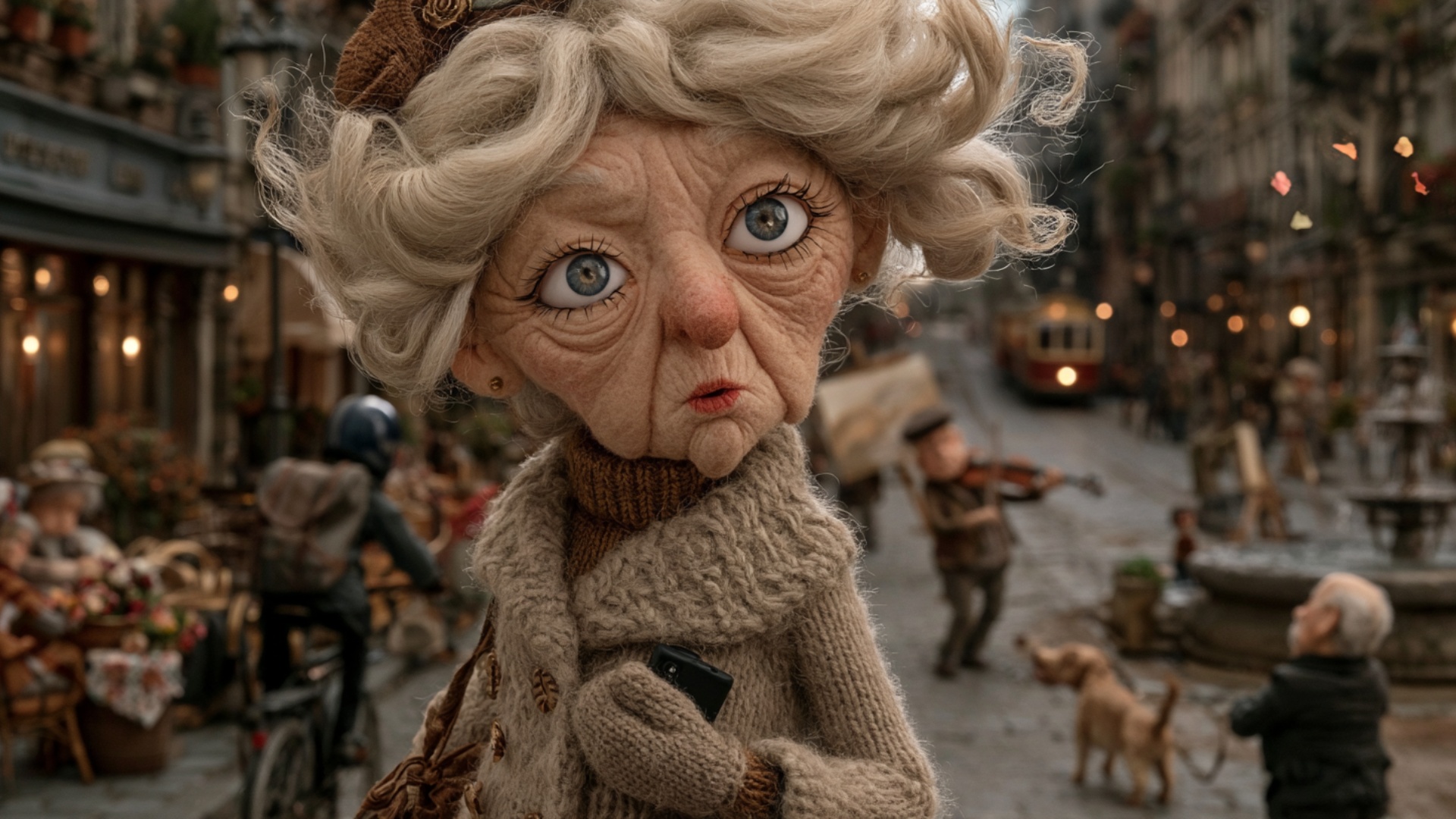 The elderly woman lowers the phone slightly from her chest and slowly turns her eyes and head tow...