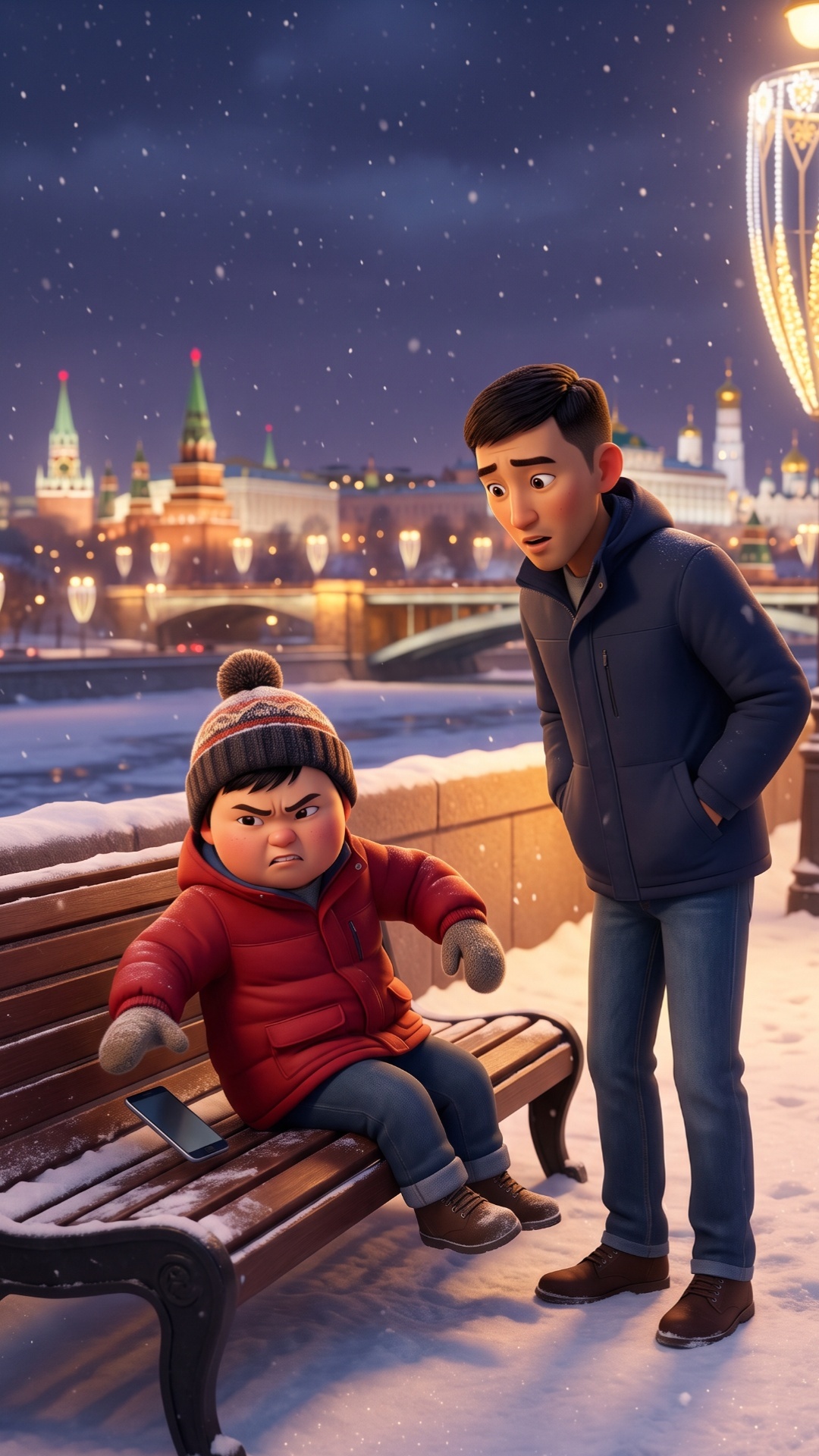 Animate this image. Pixar-style 3D, vertical 9:16. Beat 1 (0-2s): the chubby boy in the red hoode...