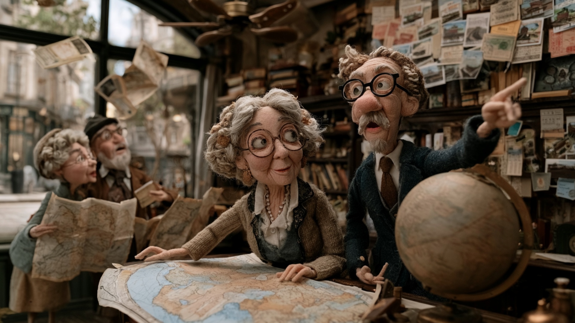 The elderly woman keeps one hand on the large map and slides her finger slowly along a route whil...